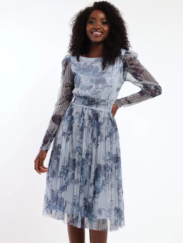 Ladies Long Sleeve Rouged Waist Printed Prom Dress - Blue sold by Edgars