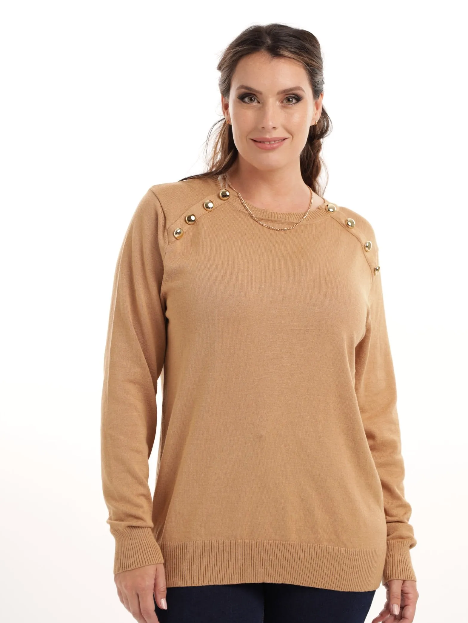 Ladies Pullover Top With Buttons - Camel sold by Edgars