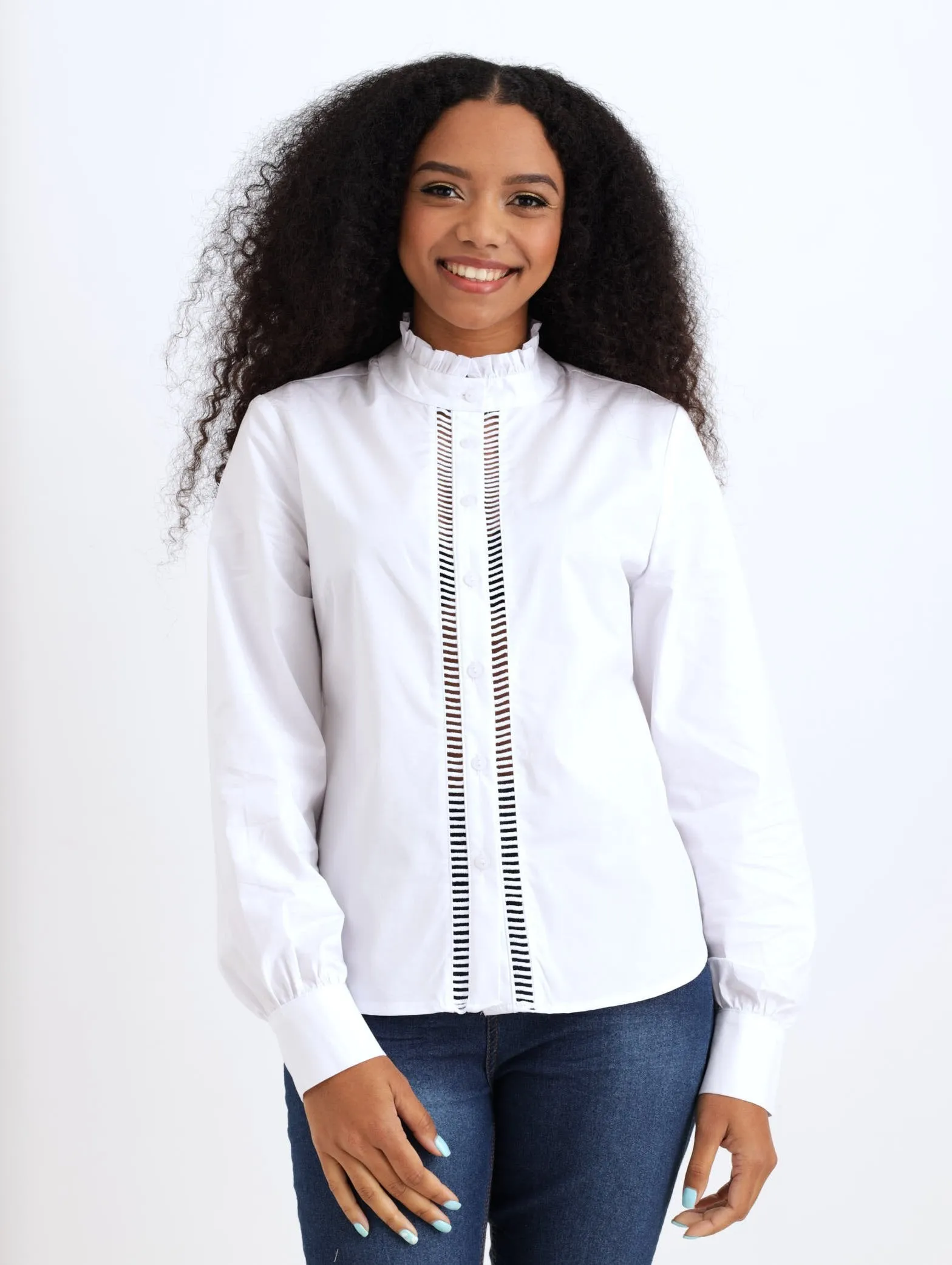 Ladies Ladder Lace Inset Frill Collar Shirt - White sold by Edgars