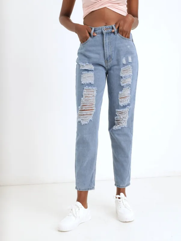 Ladies Stonewash Heavily Abraised Mom Denim Jean sold by Edgars