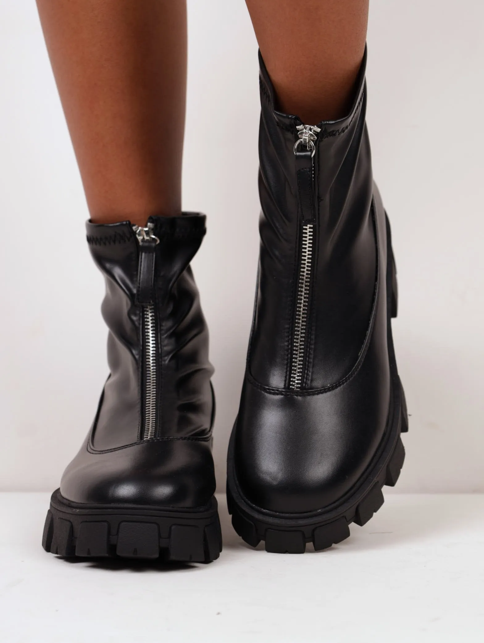 Ladies Zip Front Chunky Sole Boot - Black sold by Edgars