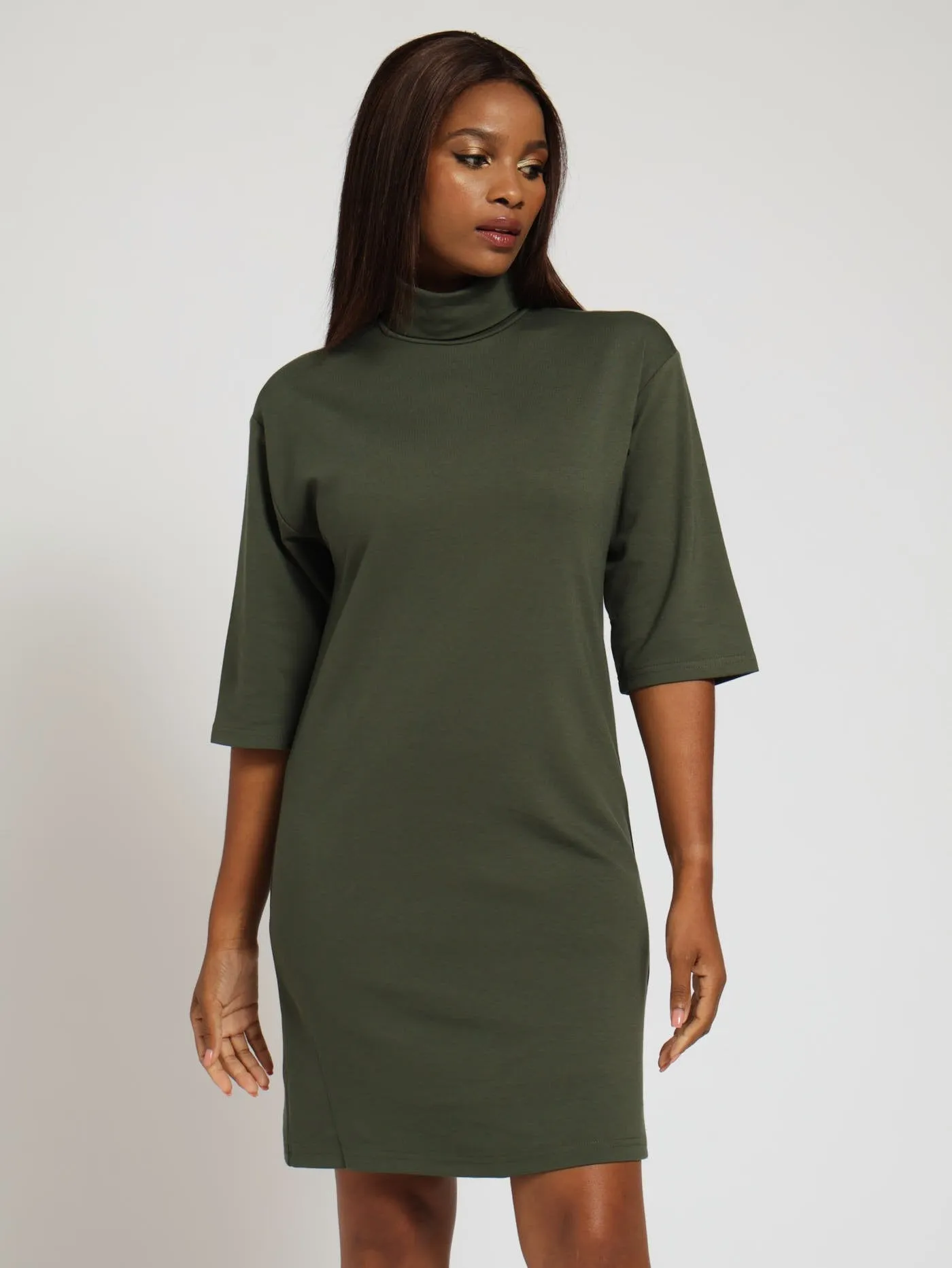 3/4 Sleeve Turtle Neck Shift Mini Dress - Fatigue sold by Edgars