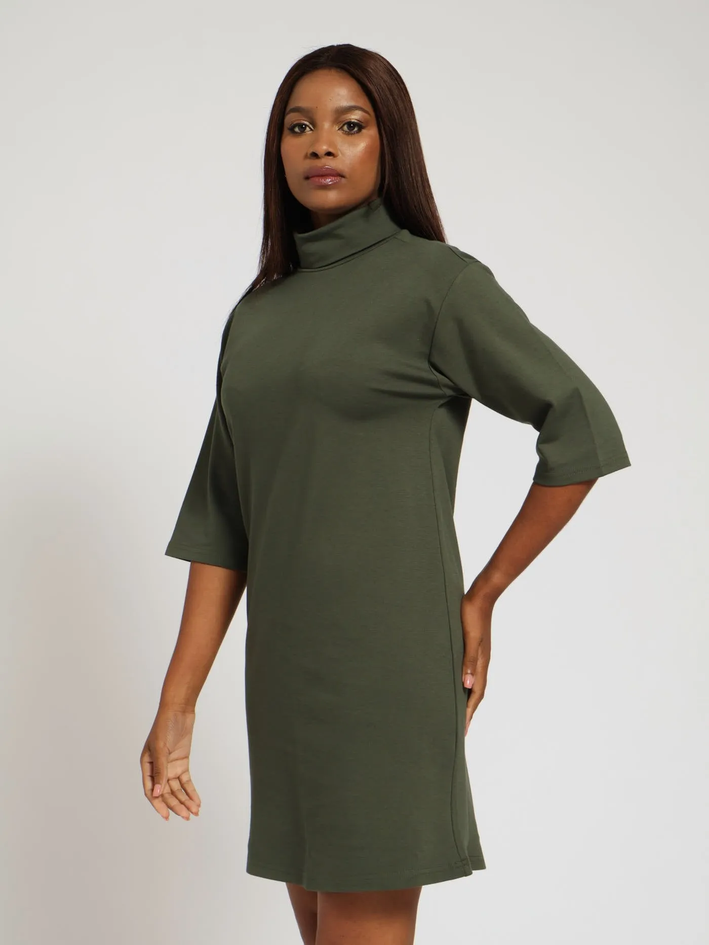 3/4 Sleeve Turtle Neck Shift Mini Dress - Fatigue sold by Edgars product image thumbnail 2
