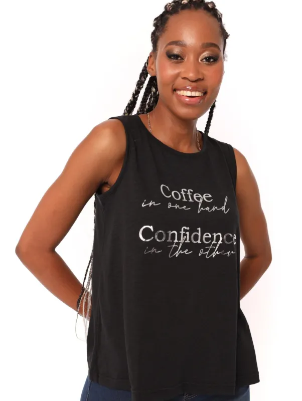 Ladies Slub Swing Coffee & Confidence Tank - Black sold by Edgars
