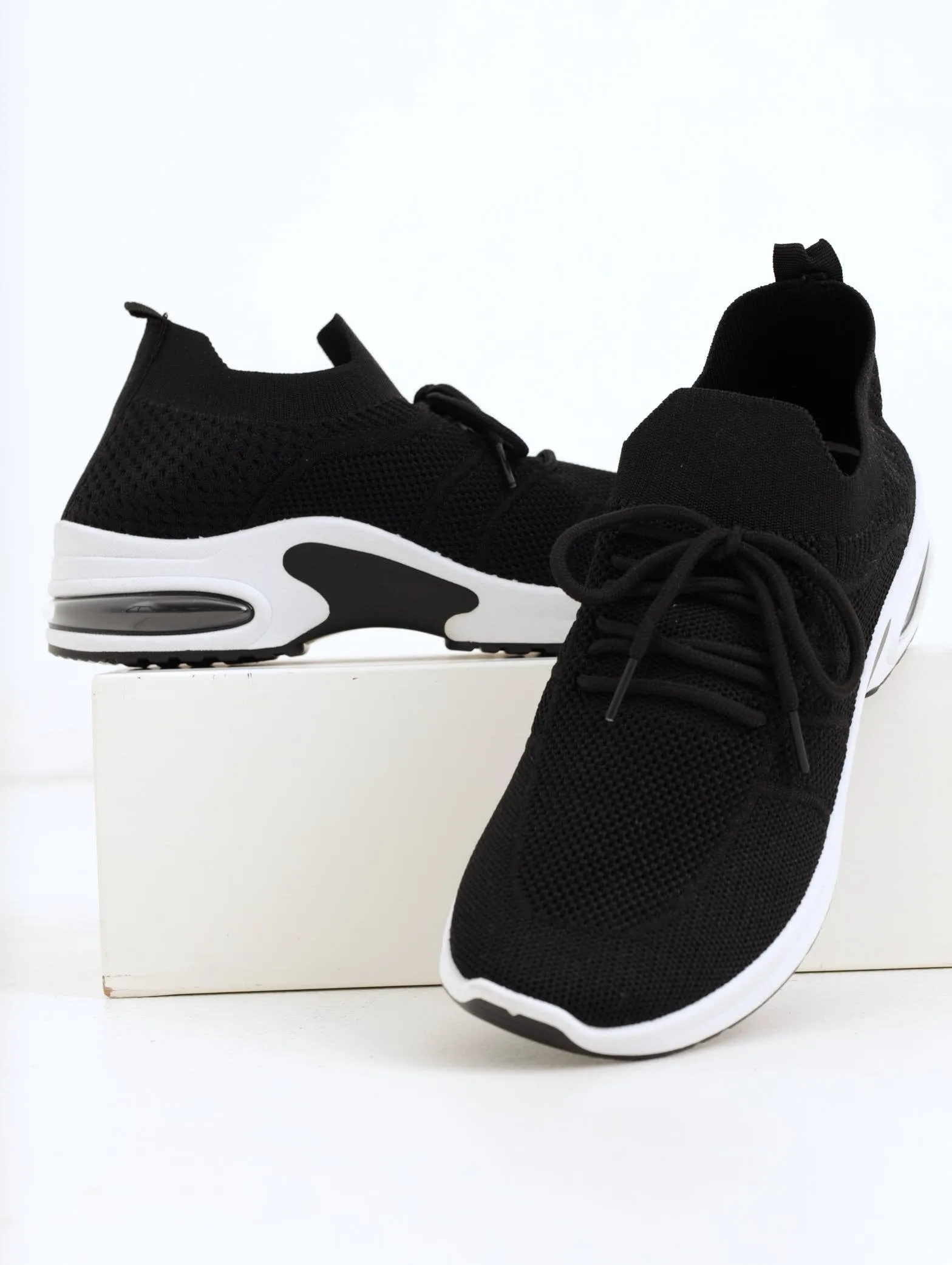 Ladies Air Bubble Lace Up Knit Sneaker - Black sold by Edgars