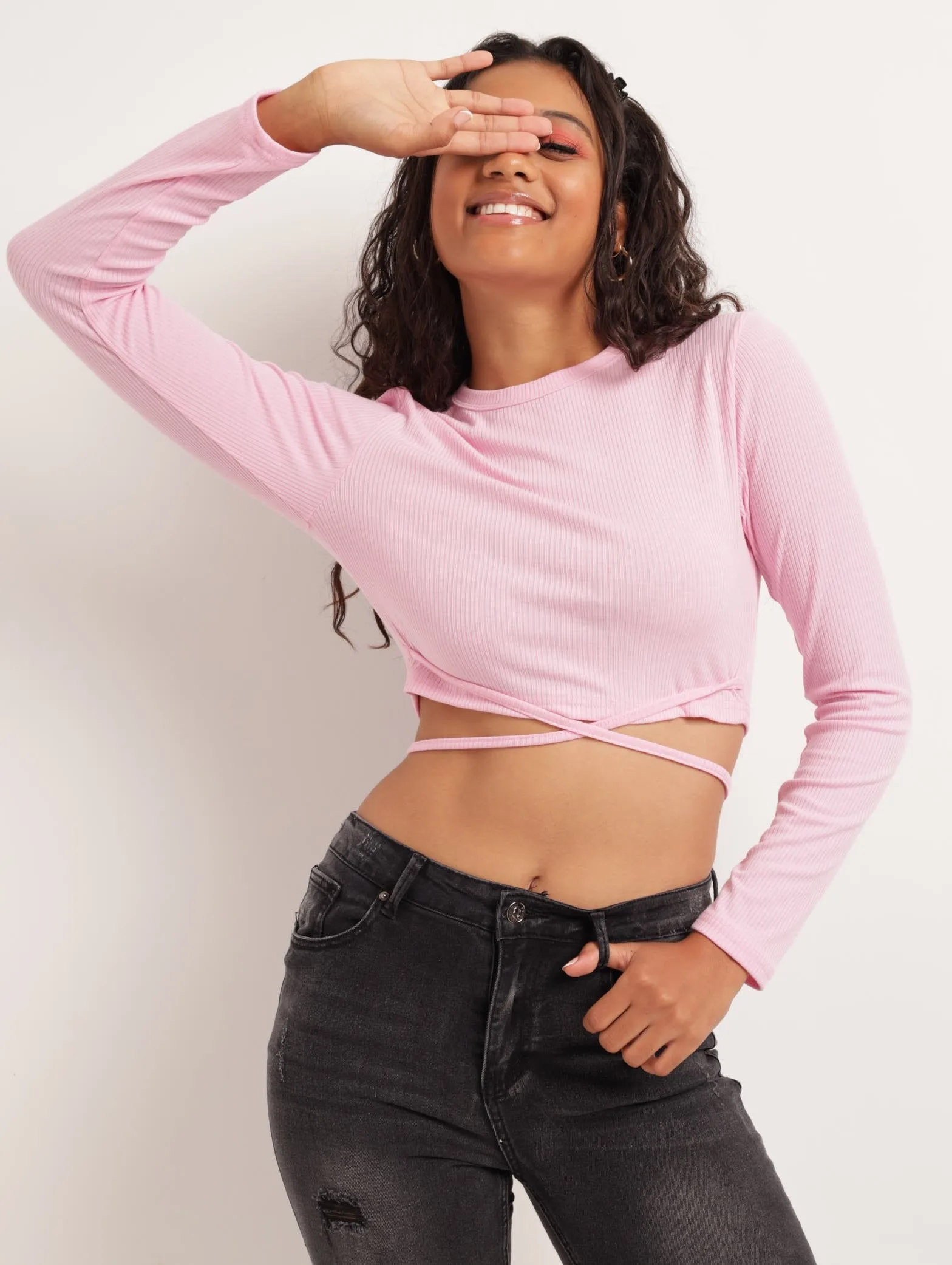 Ladies Long Sleeve Ribbed Top With Tie Detail - Pink sold by Edgars