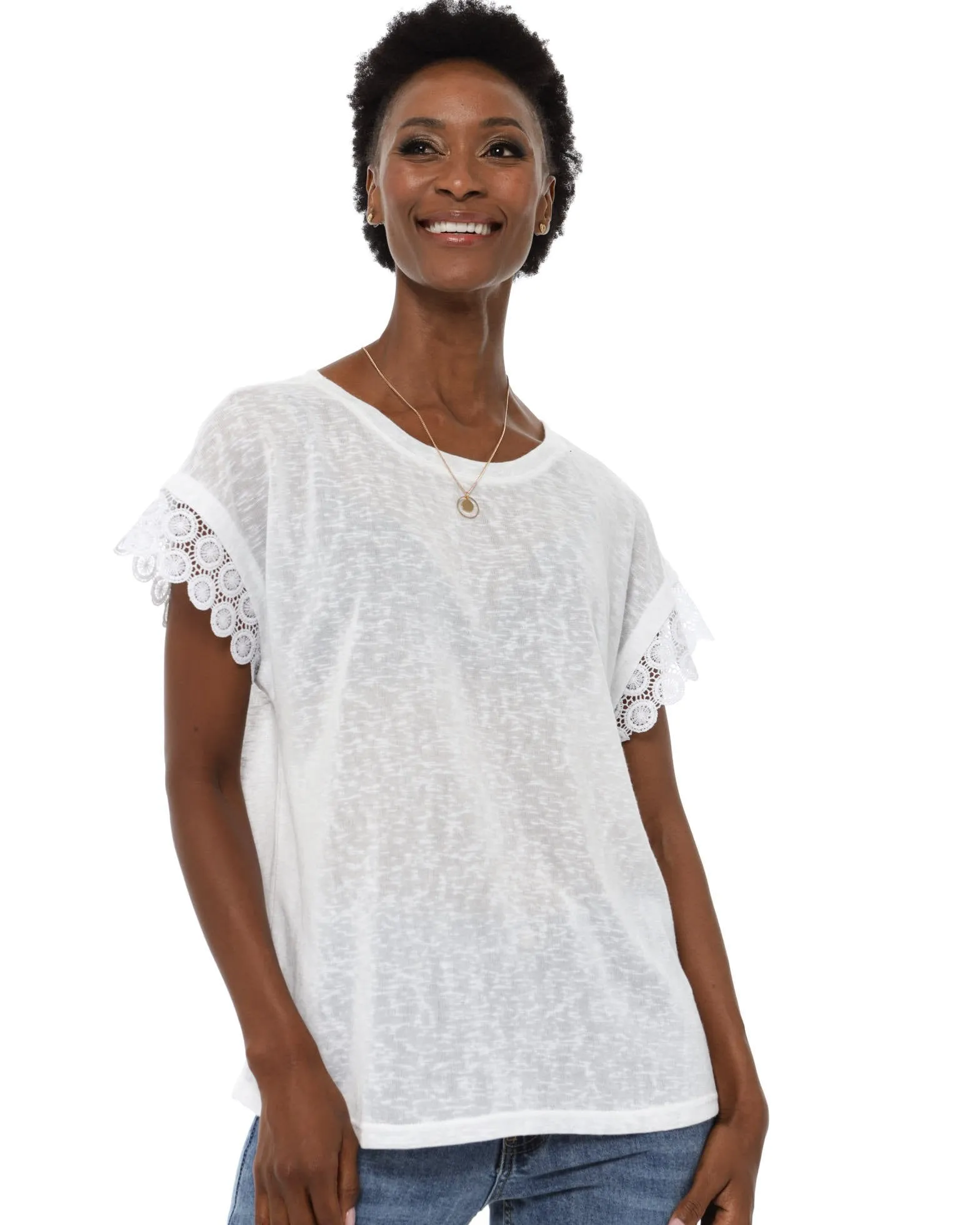 Ladies Lace Edge Tee - White sold by Edgars
