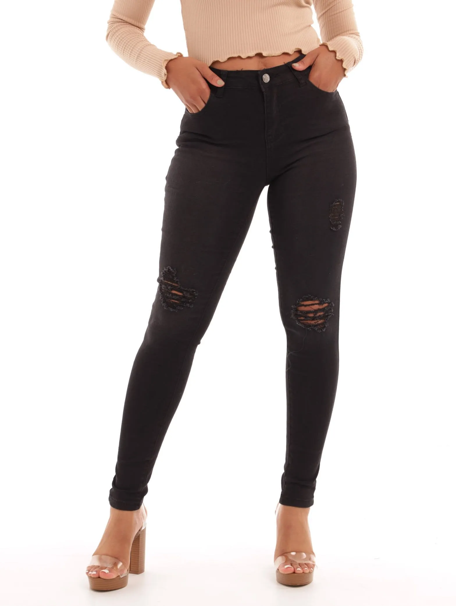 Ladies Black High Rise Abraised Skinny Denim Jean sold by Edgars