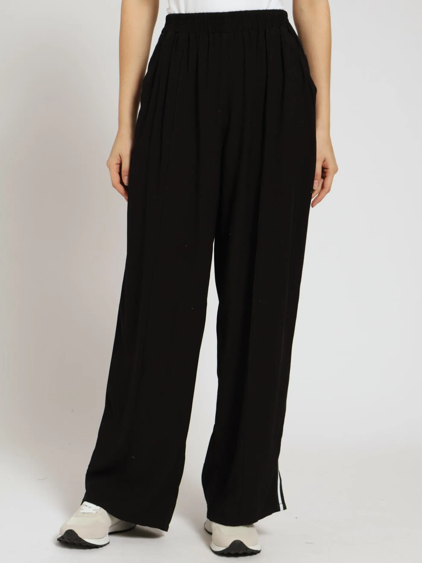 Pull-On Split Hem Sports Stripe Wideleg Pants - Black sold by Edgars