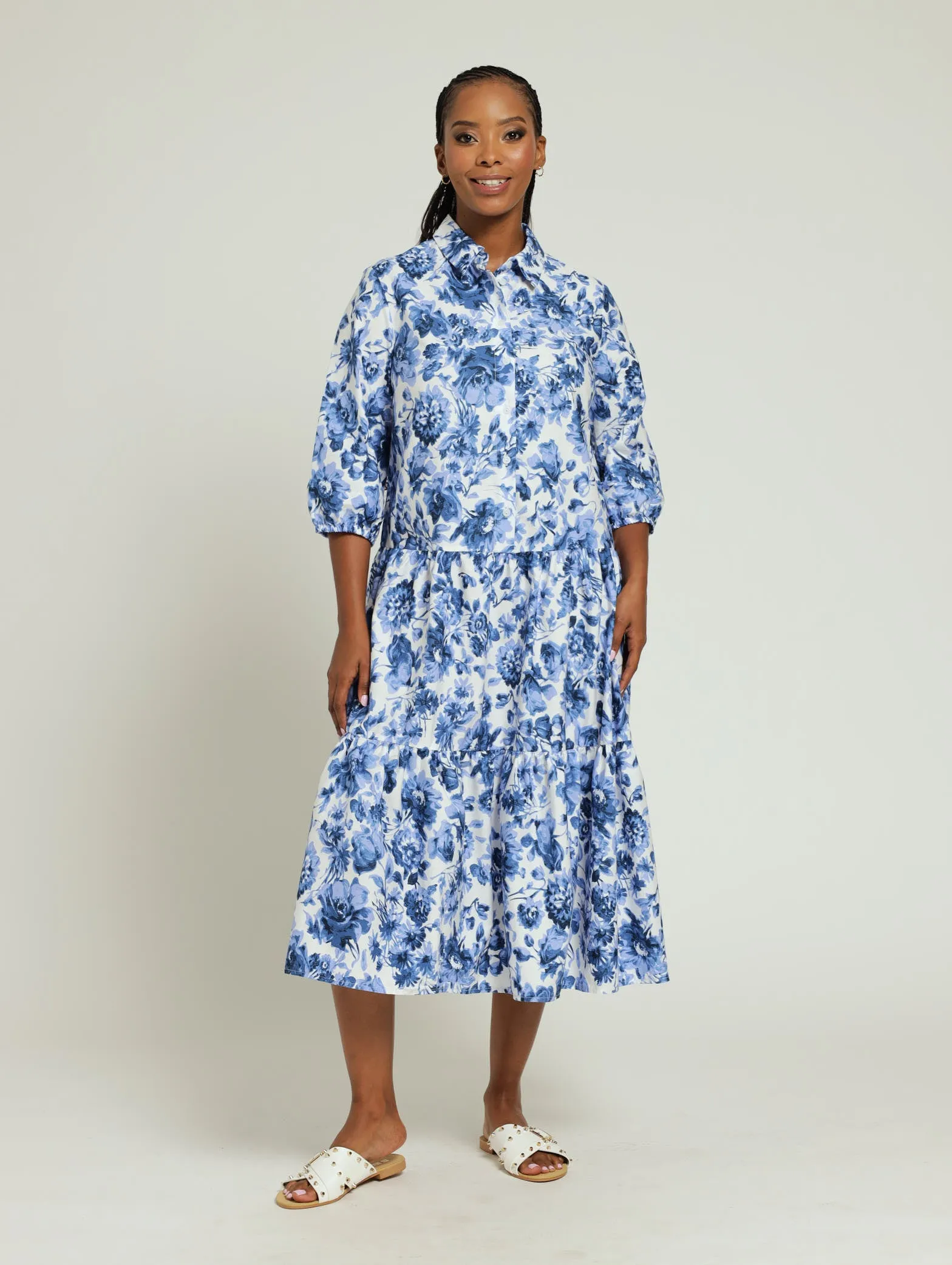 Tiered Button Down Shirt Dress - Blue sold by Edgars