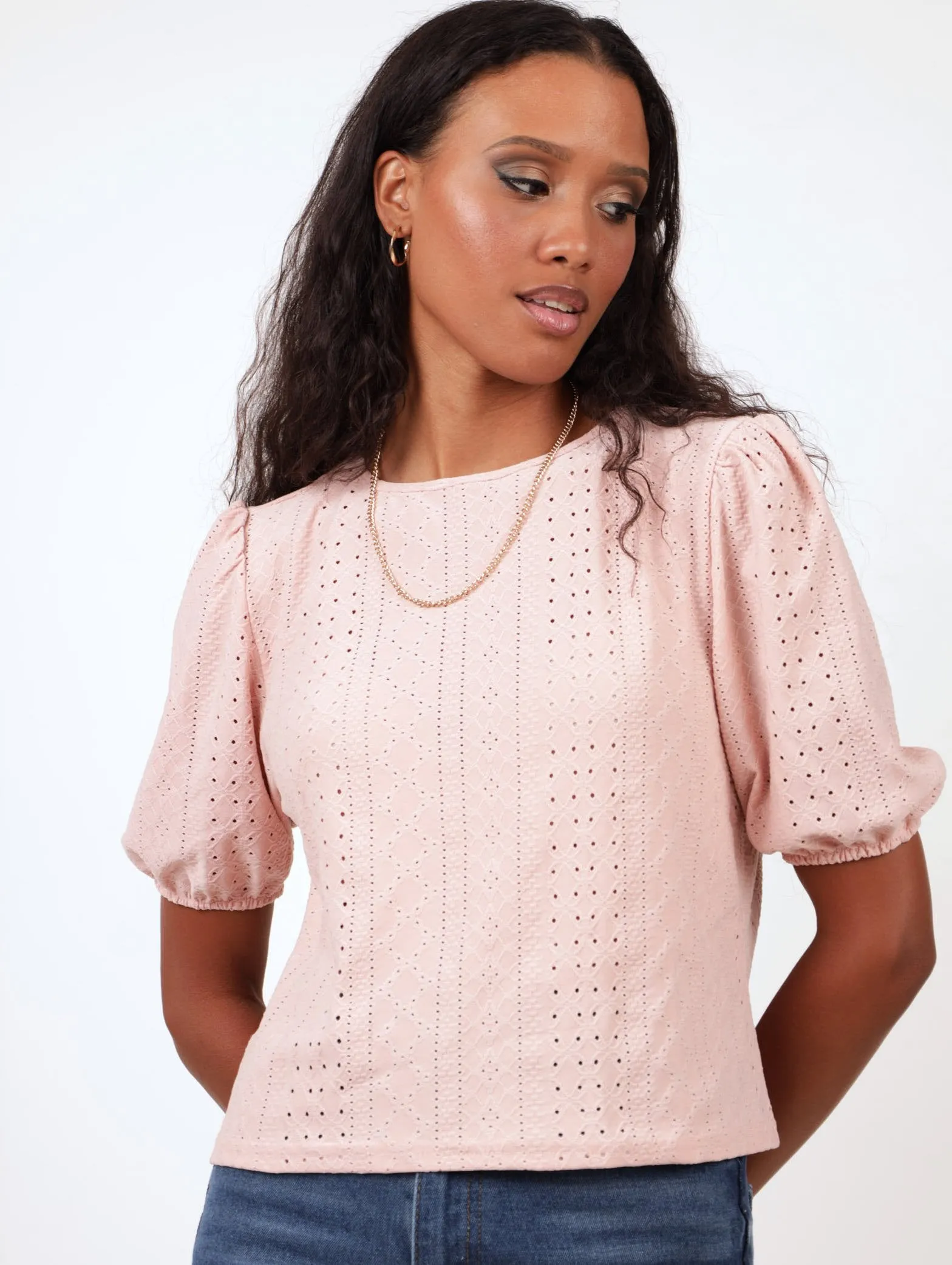 Ladies Knit Broiderie Puff Sleeve Boxy Tee - Blush sold by Edgars