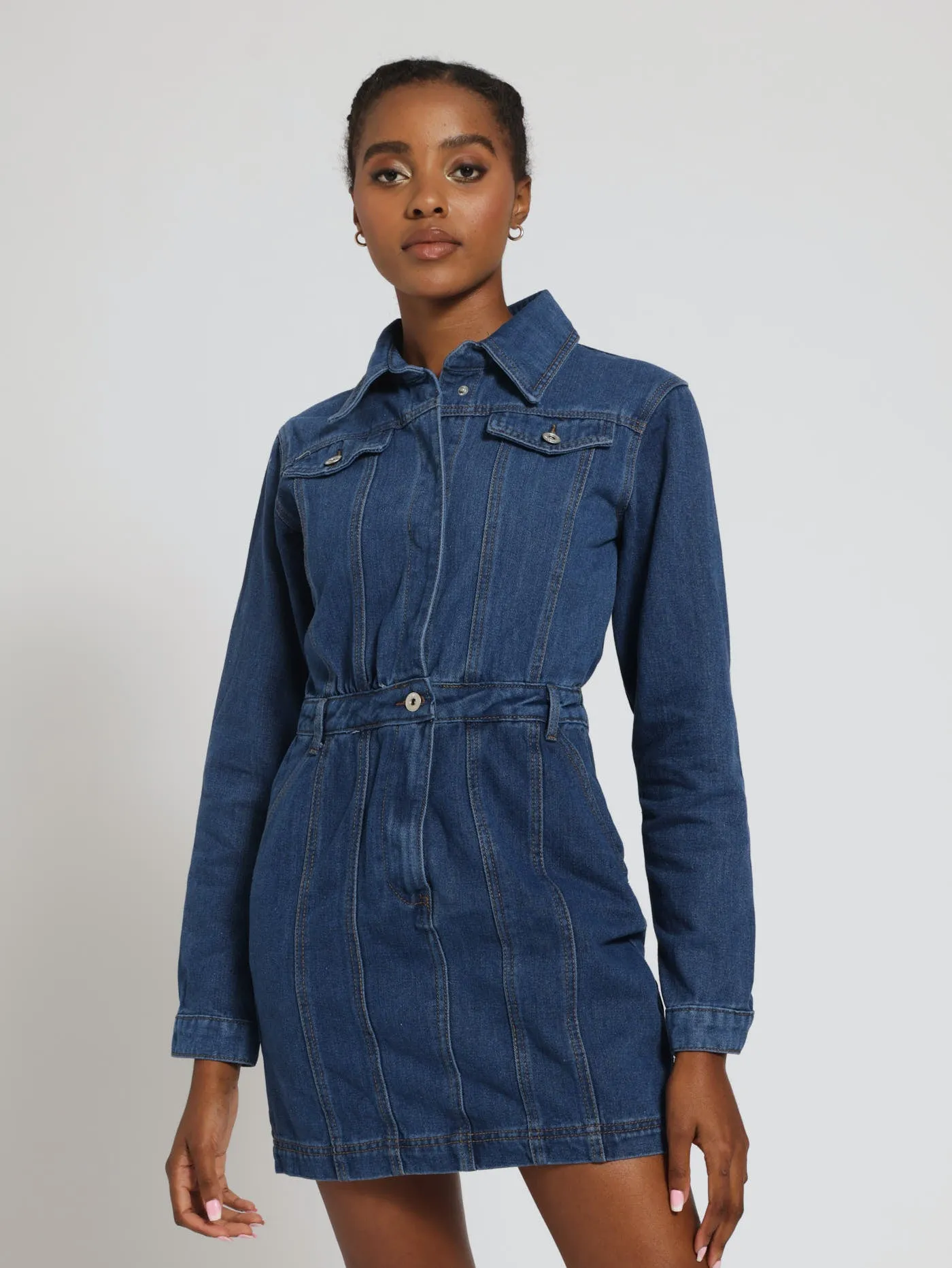 Long Sleeve Denim Dress - Mid Denim sold by Edgars