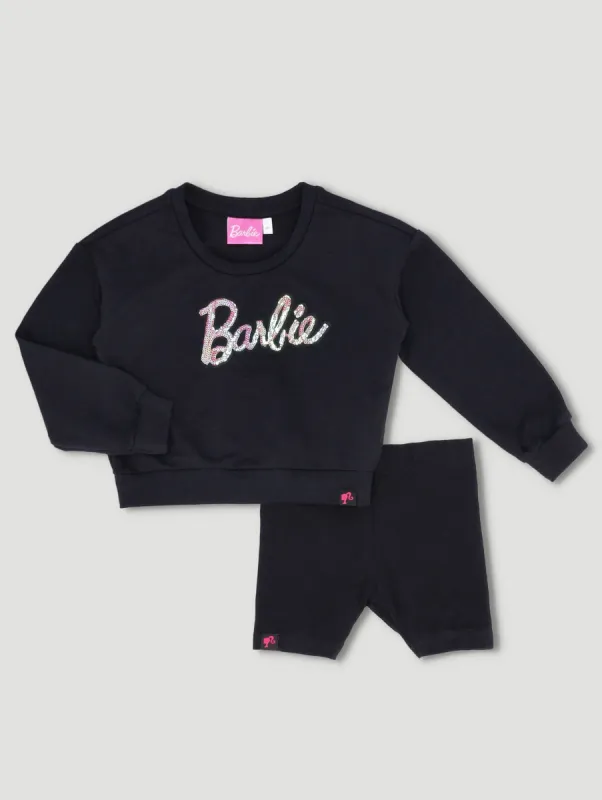Pre-Girls Unbrushed Fleece Top & Cycle Short Set - Black made by Barbie