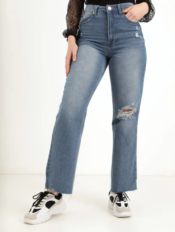 Ladies Mid Blue Wideleg Denim Jean sold by Edgars