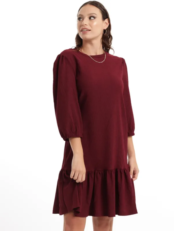 Ladies Drop Hem Crinkle A-Line Dress - Burgundy sold by Edgars