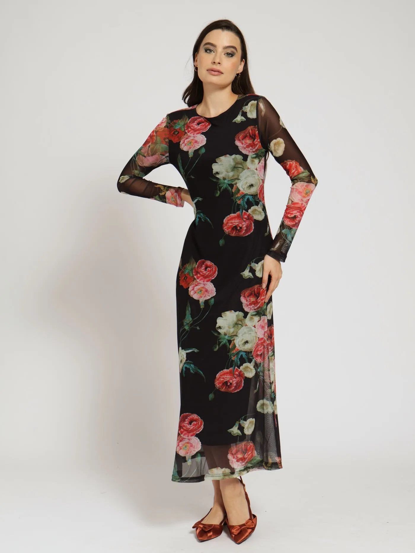 Long Sleeve Pleated Mesh Aline Maxi Dress sold by Edgars