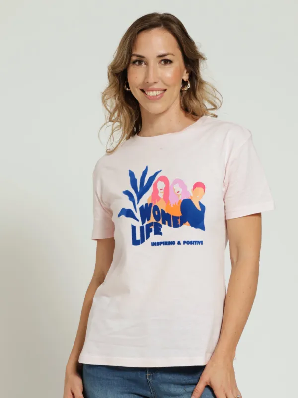 Woman With Flocked & Slogan Regular Tee - Light Pink sold by Edgars