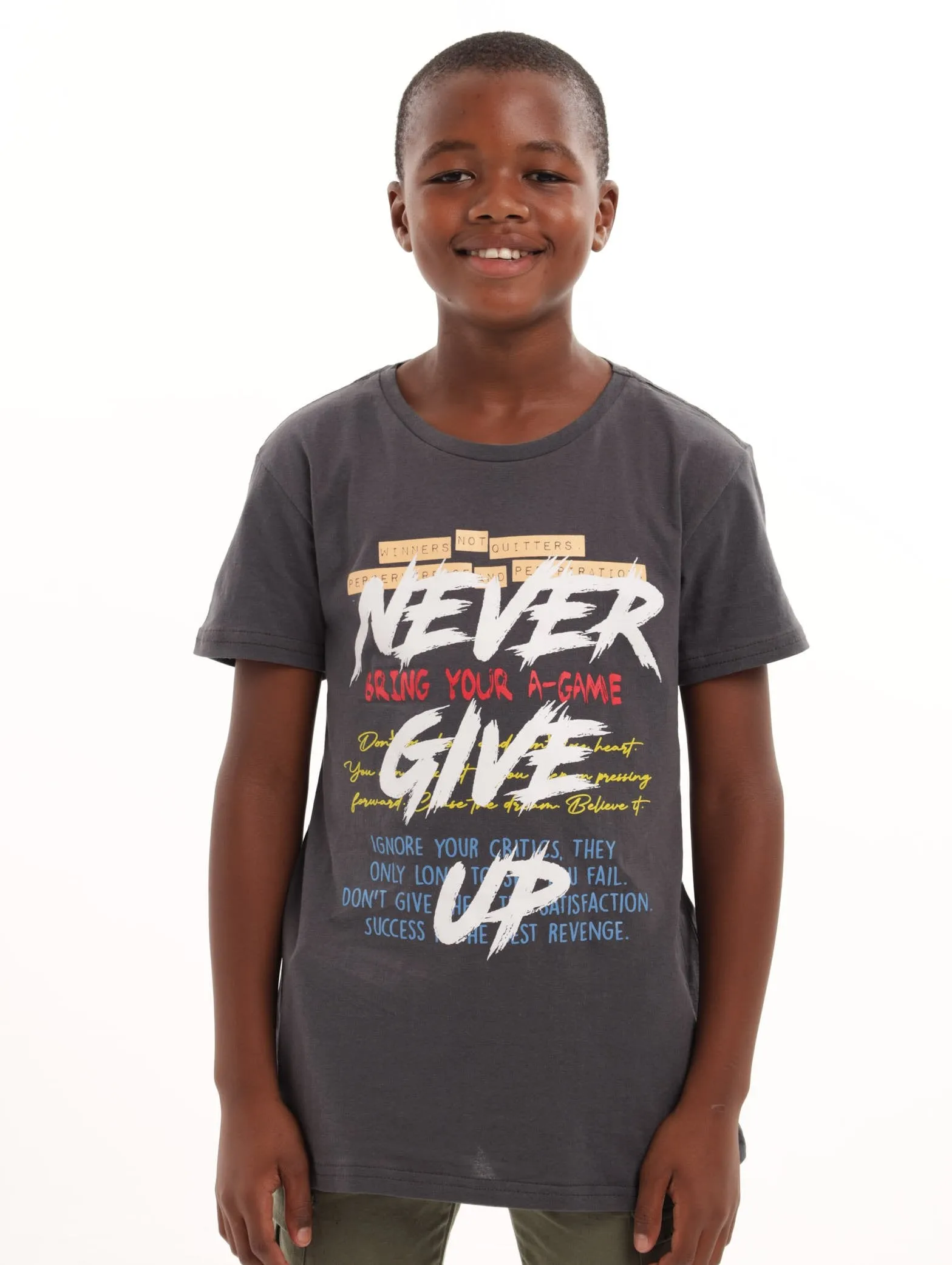 Boys Short Sleeve Never Give Up Tee - Grey sold by Edgars