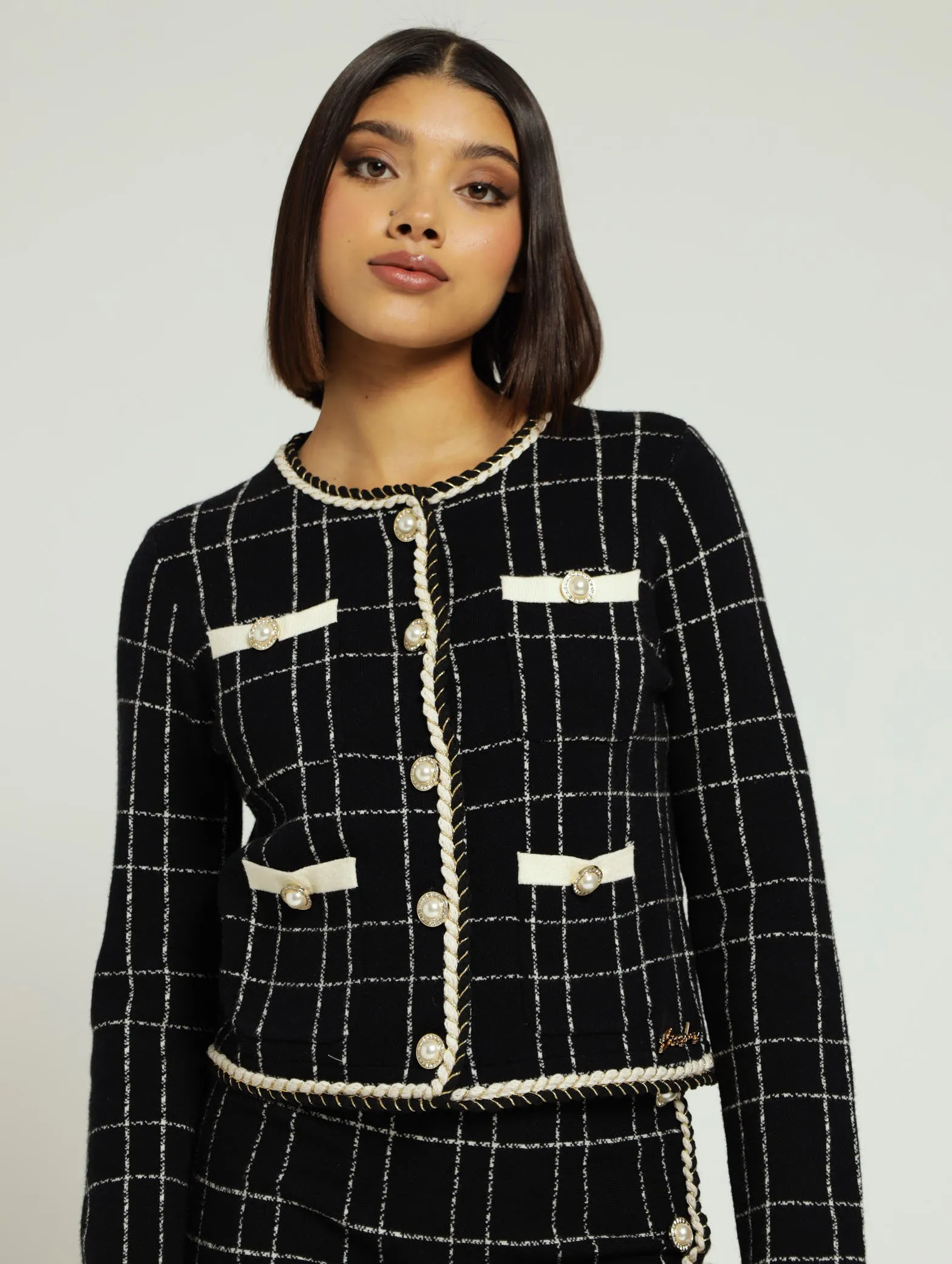 Plaid Knit Jacket With Braided Edge - Black sold by Edgars
