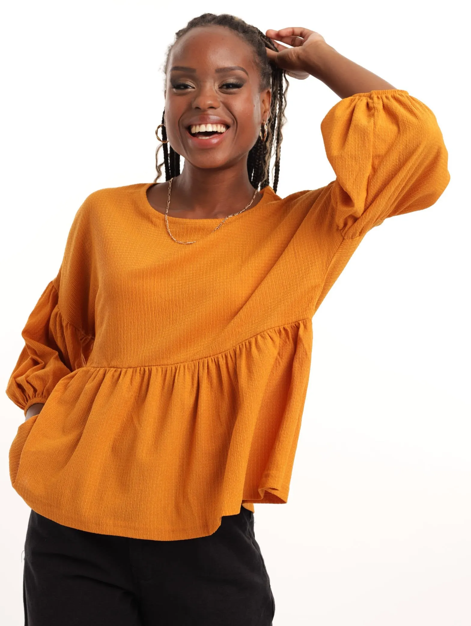 Ladies Crinkle Puff Sleeve Peplum Top - Mustard sold by Edgars