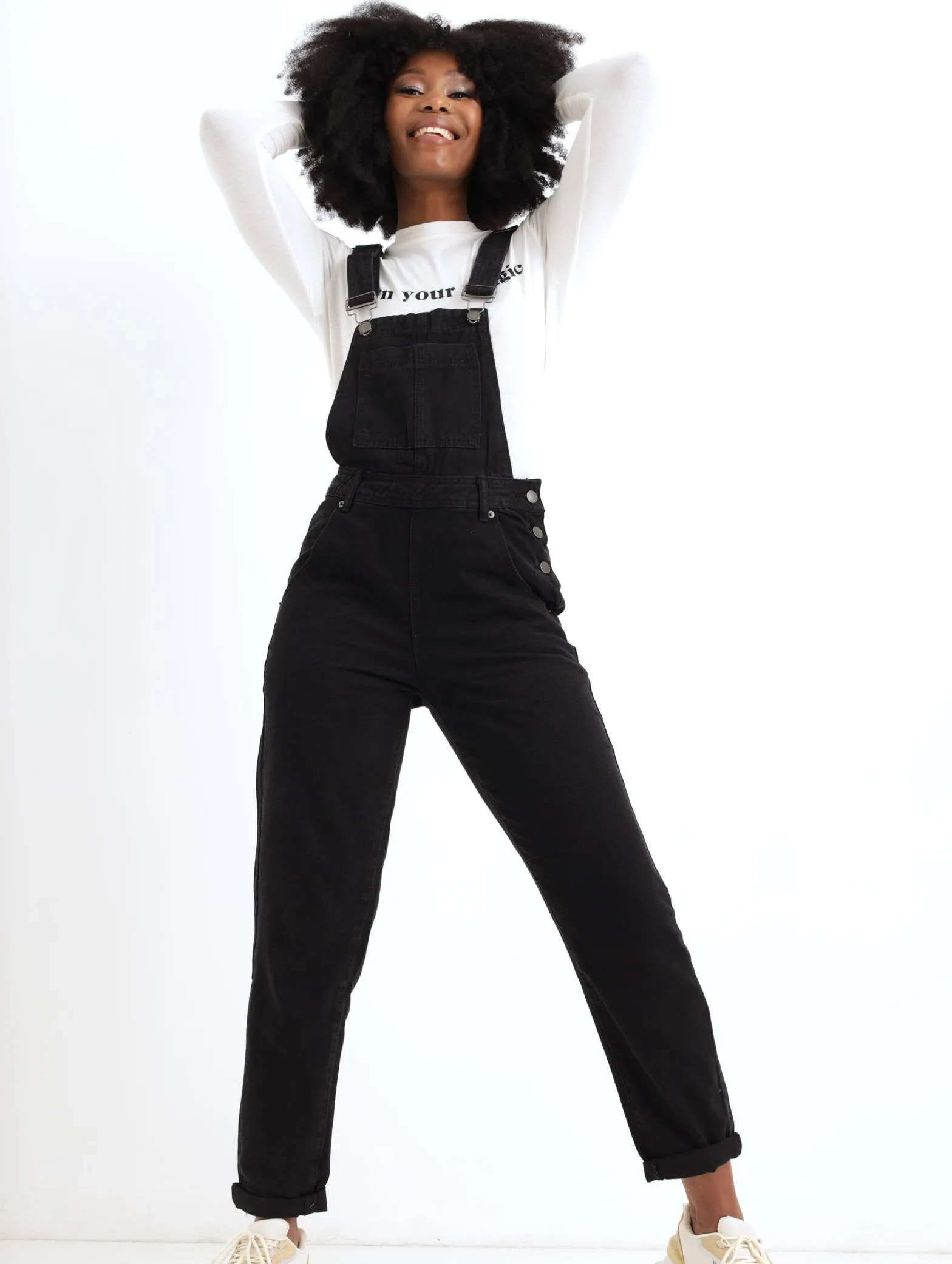 Ladies Black Bib & Brace Denim Mom Dungaree sold by Edgars