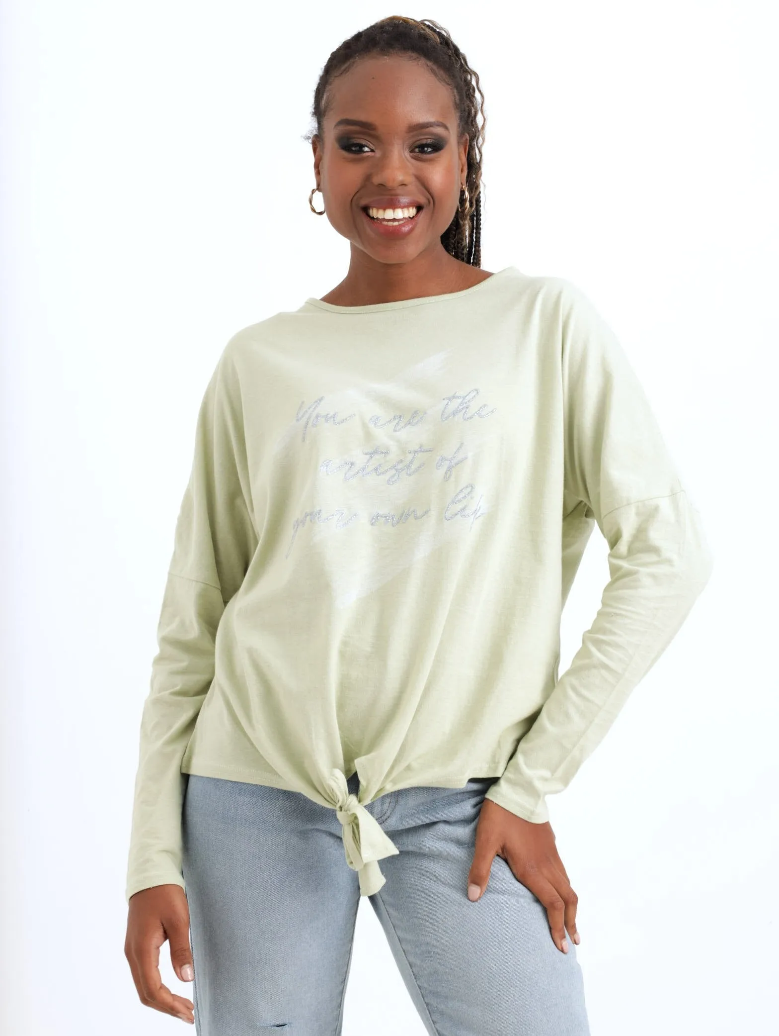 Ladies Long Sleeve Tie Front Paintbrush Artist Tee - Sage sold by Edgars