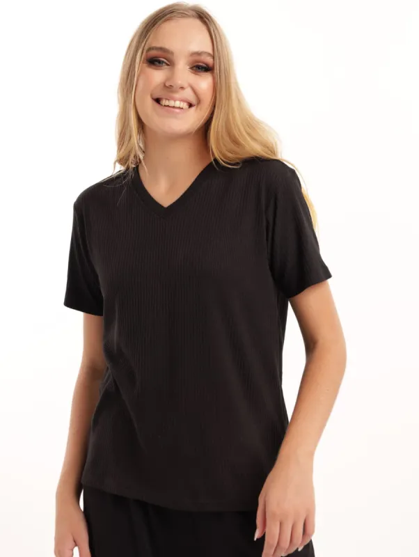 Ladies Ribbed V-Neck Tee - Black sold by Edgars