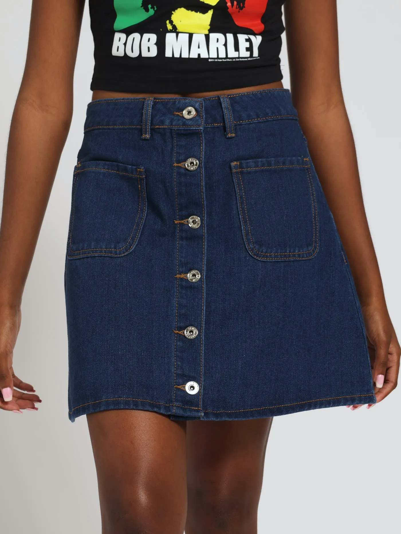 A-Line Denim Mini Skirt - Mid Blue sold by Edgars