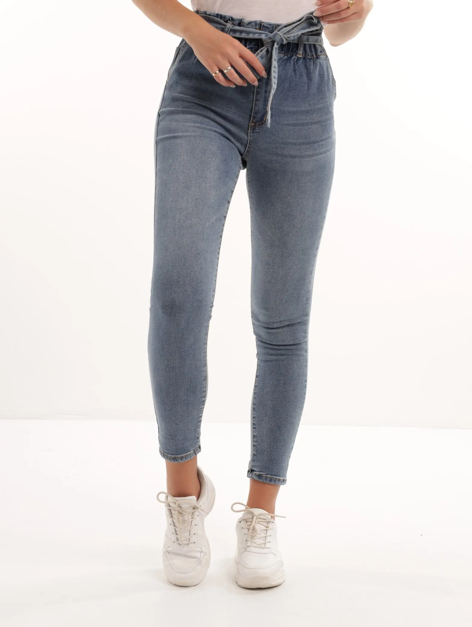 Ladies Mid Blue Paperbag Belted Skinny Denim Jean sold by Edgars