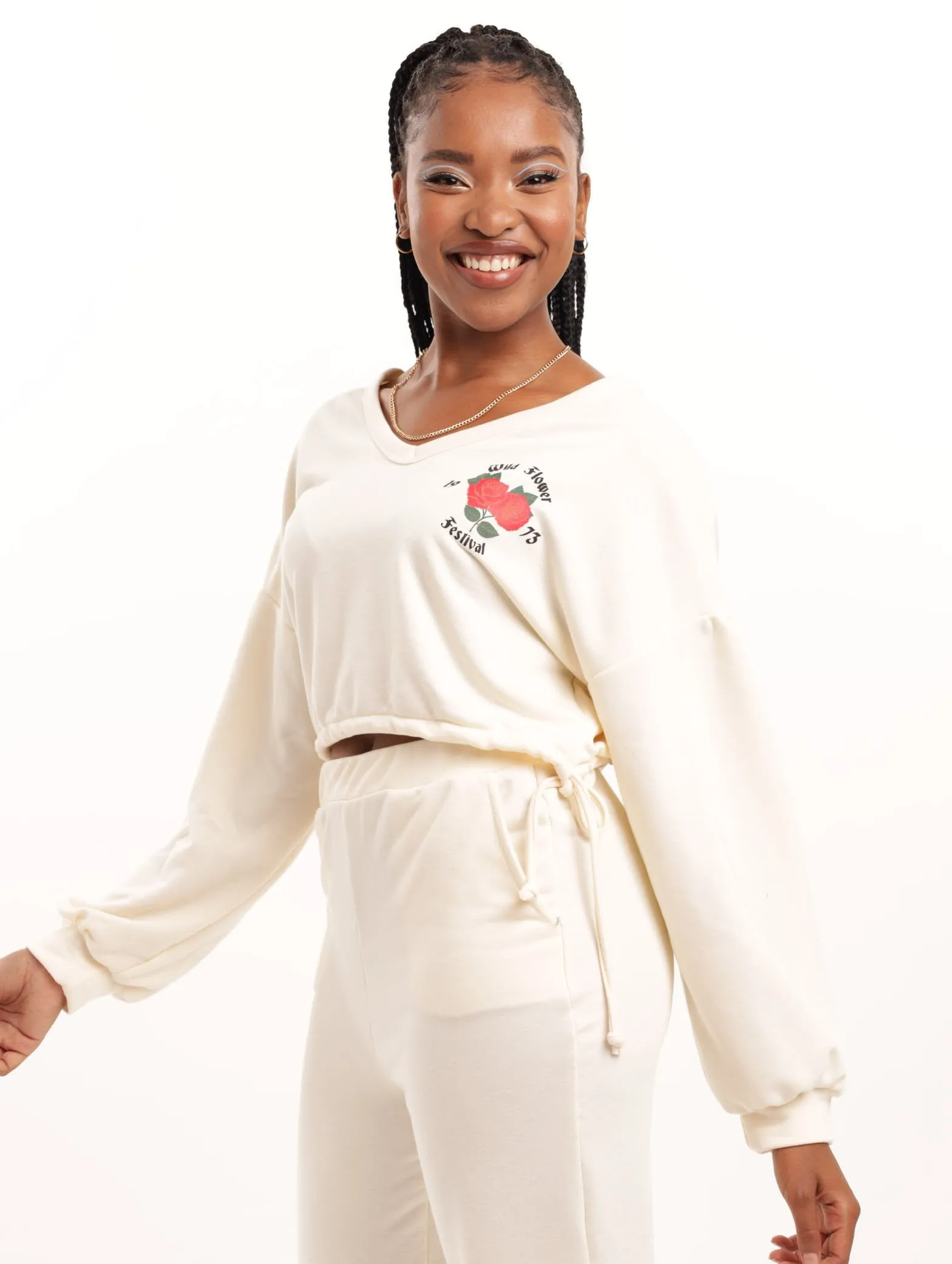 Ladies Rouch Side Rose Printed Top - Set - Cream sold by Edgars