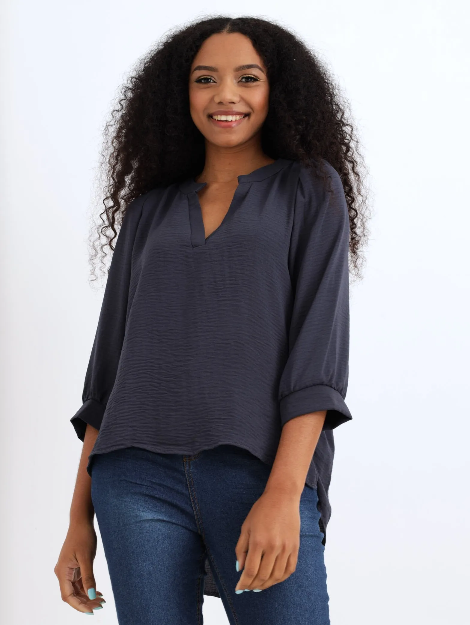 Ladies Hammered Popover Blouse - Dark Navy sold by Edgars