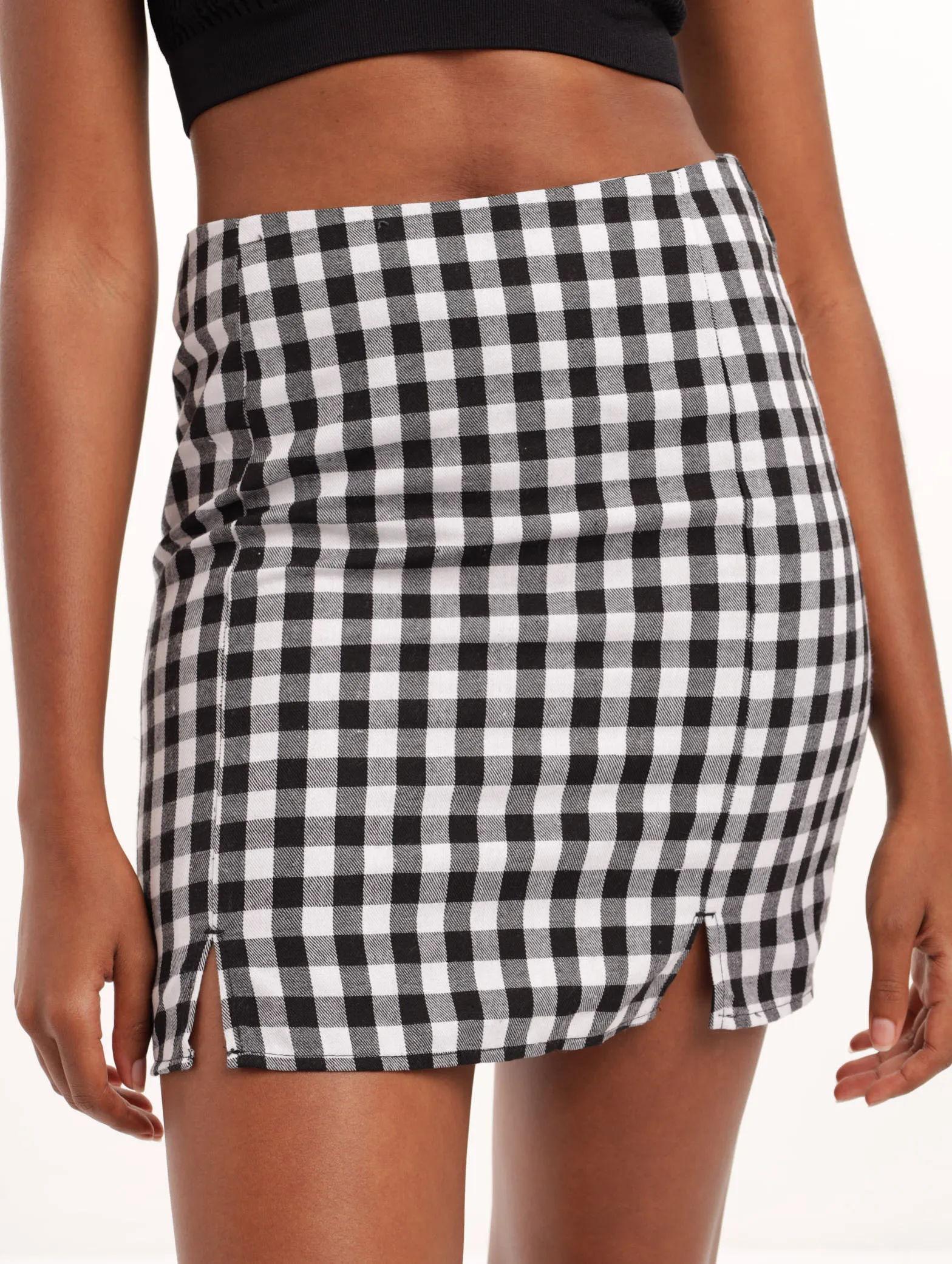Ladies Front Slit Mini Gingham Skirt Set  - Black sold by Edgars