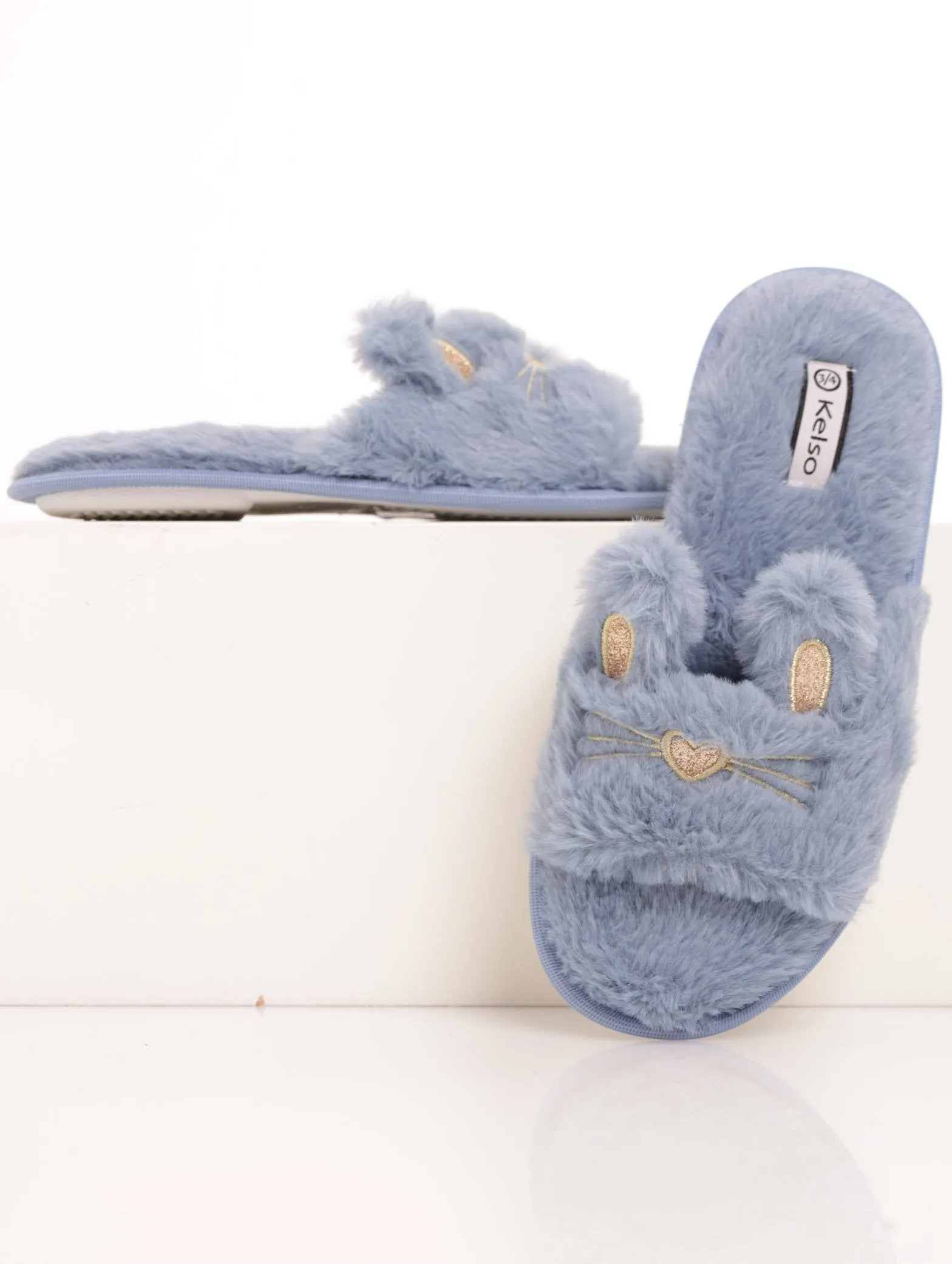 Ladies Open Toe Kitten Slipper - Blue sold by Edgars