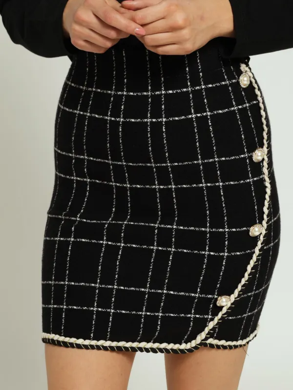 Plaid Knit Skirt With Braided Edge - Black/White sold by Edgars