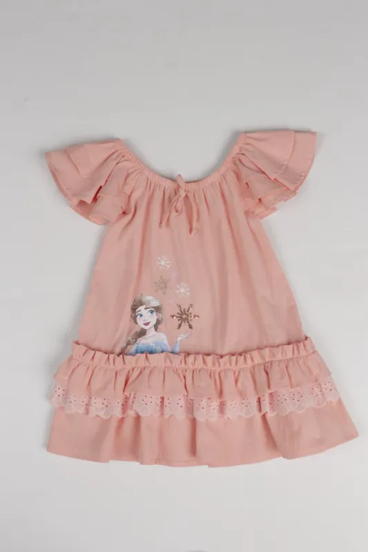 Pre-Girls Frozn Frilled Sleeve Dress - Peach sold by Edgars