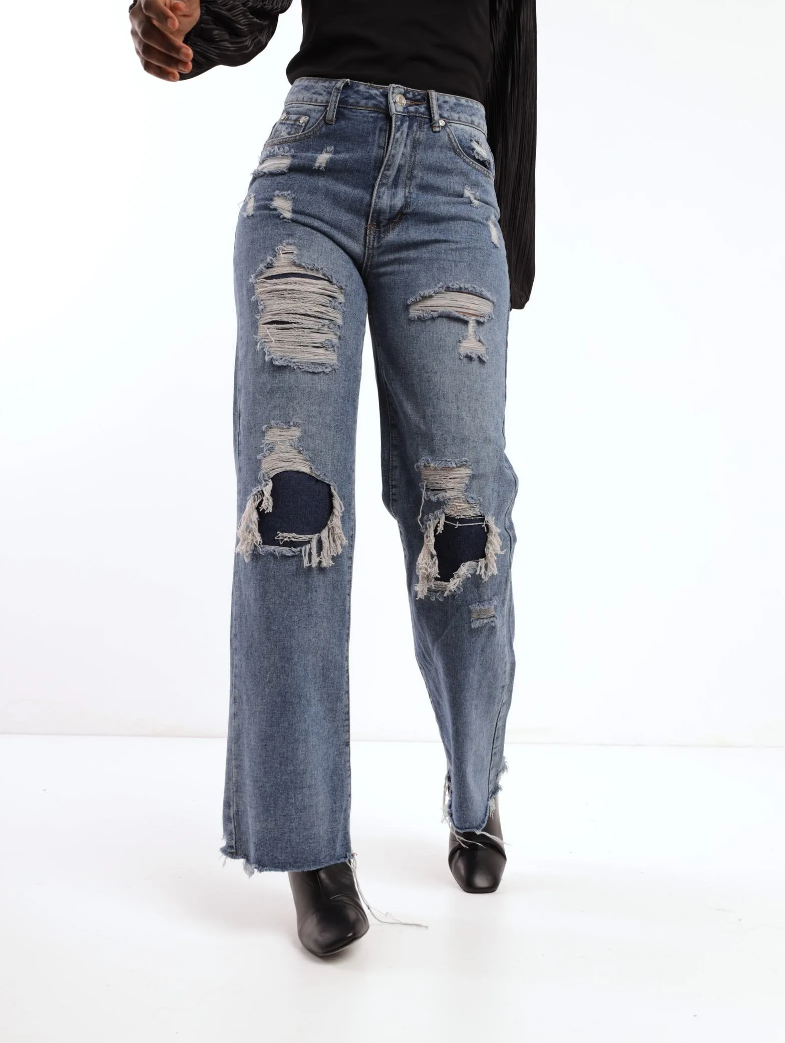 Ladies Stonewash Abraised Patch Dad Jean sold by Edgars