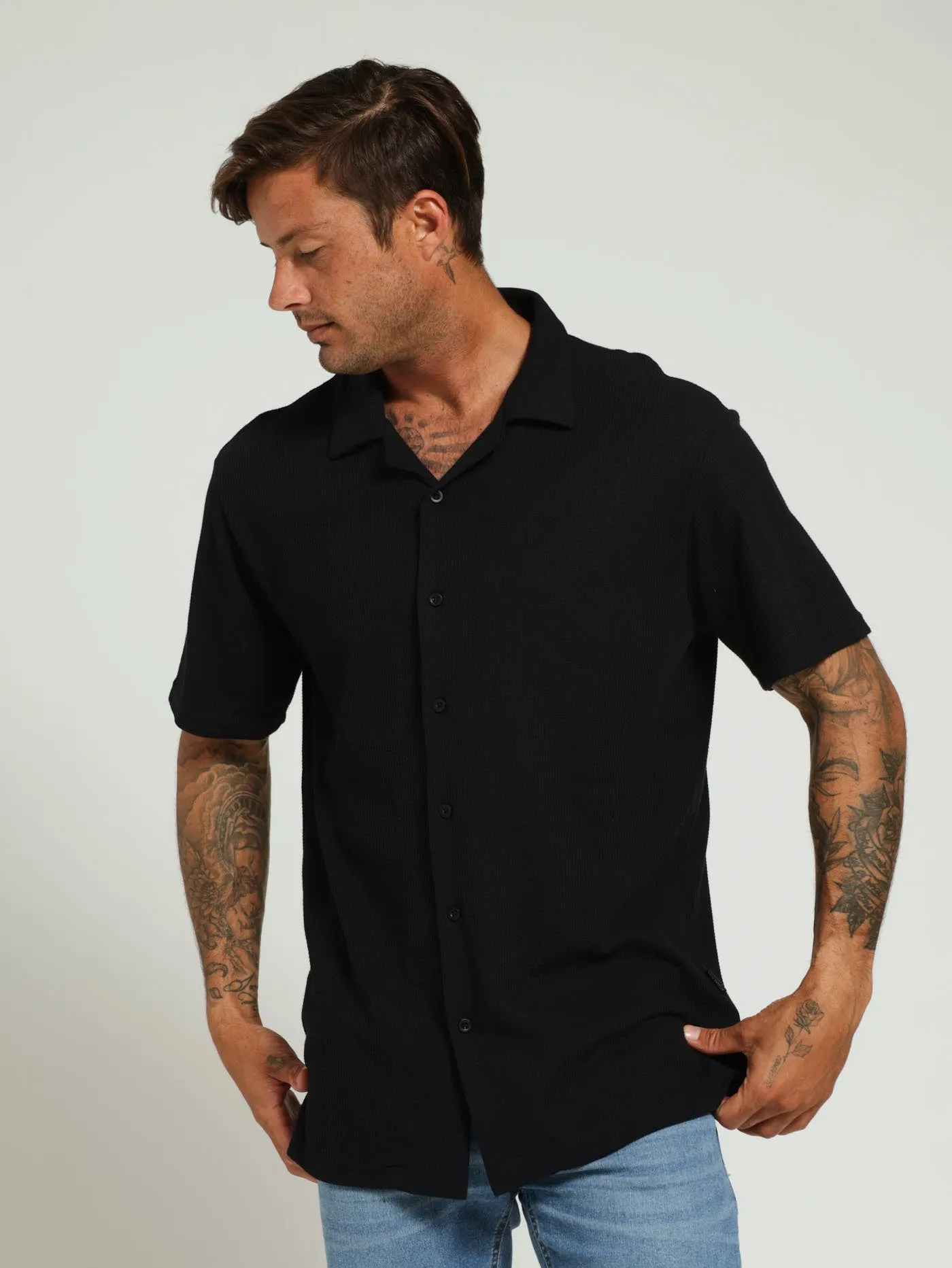 Waffel Knit Shirt - Black sold by Edgars