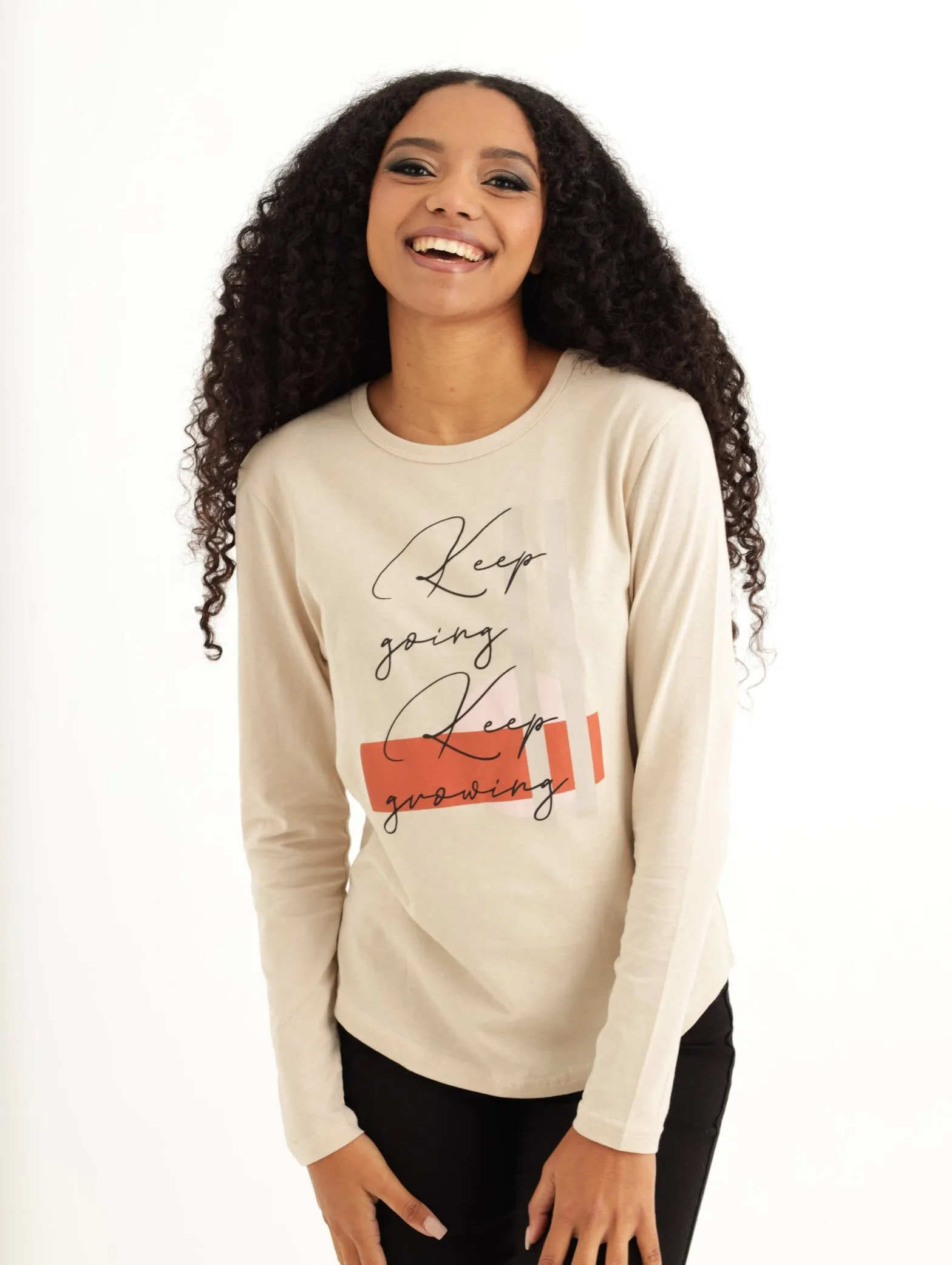 Ladies Long Sleeve Curved Hem Growing Going Tee - Oatmeal sold by Edgars