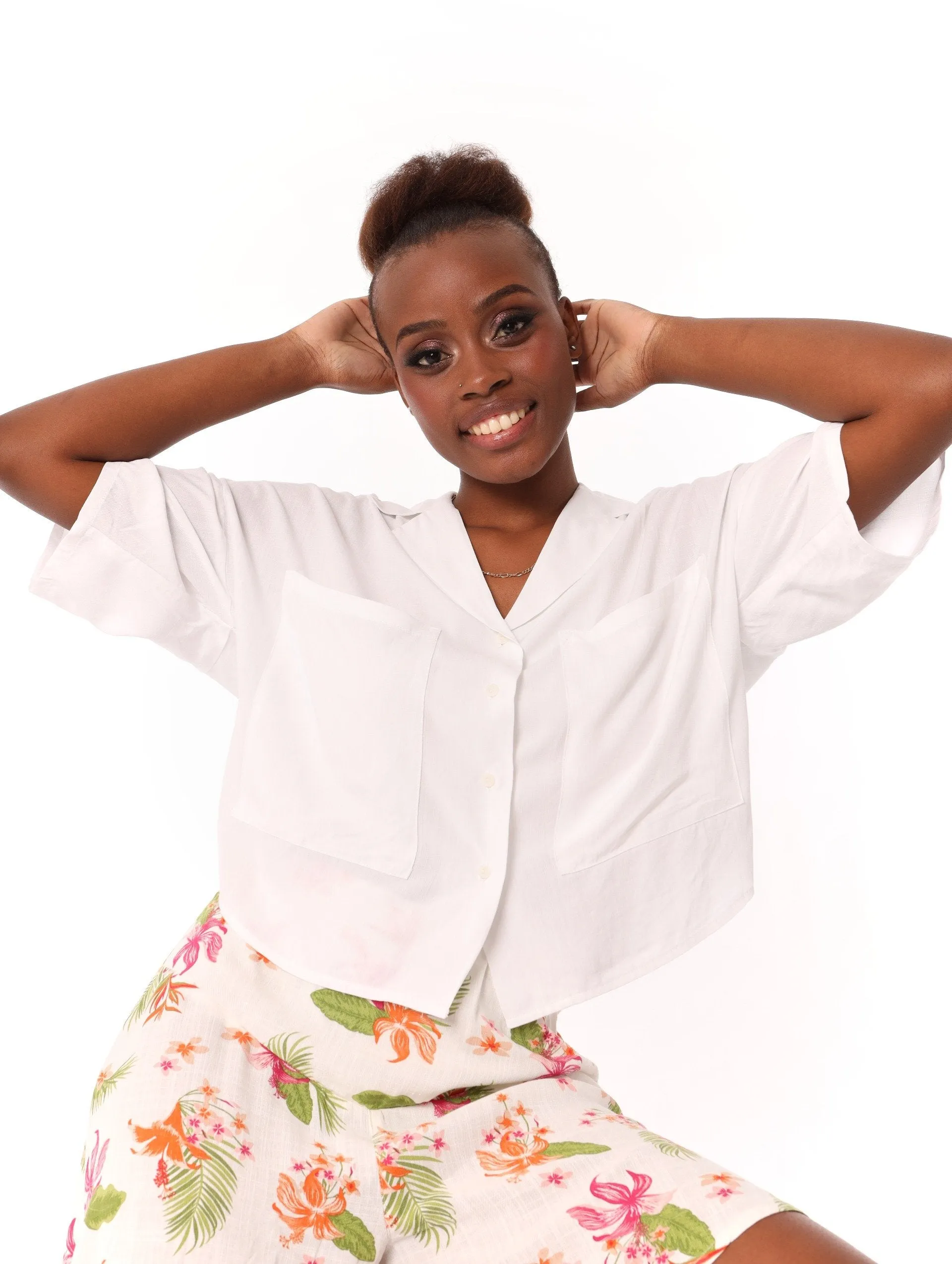 Ladies Boxy Short Sleeve Linen Lapel Shirt - White sold by Edgars