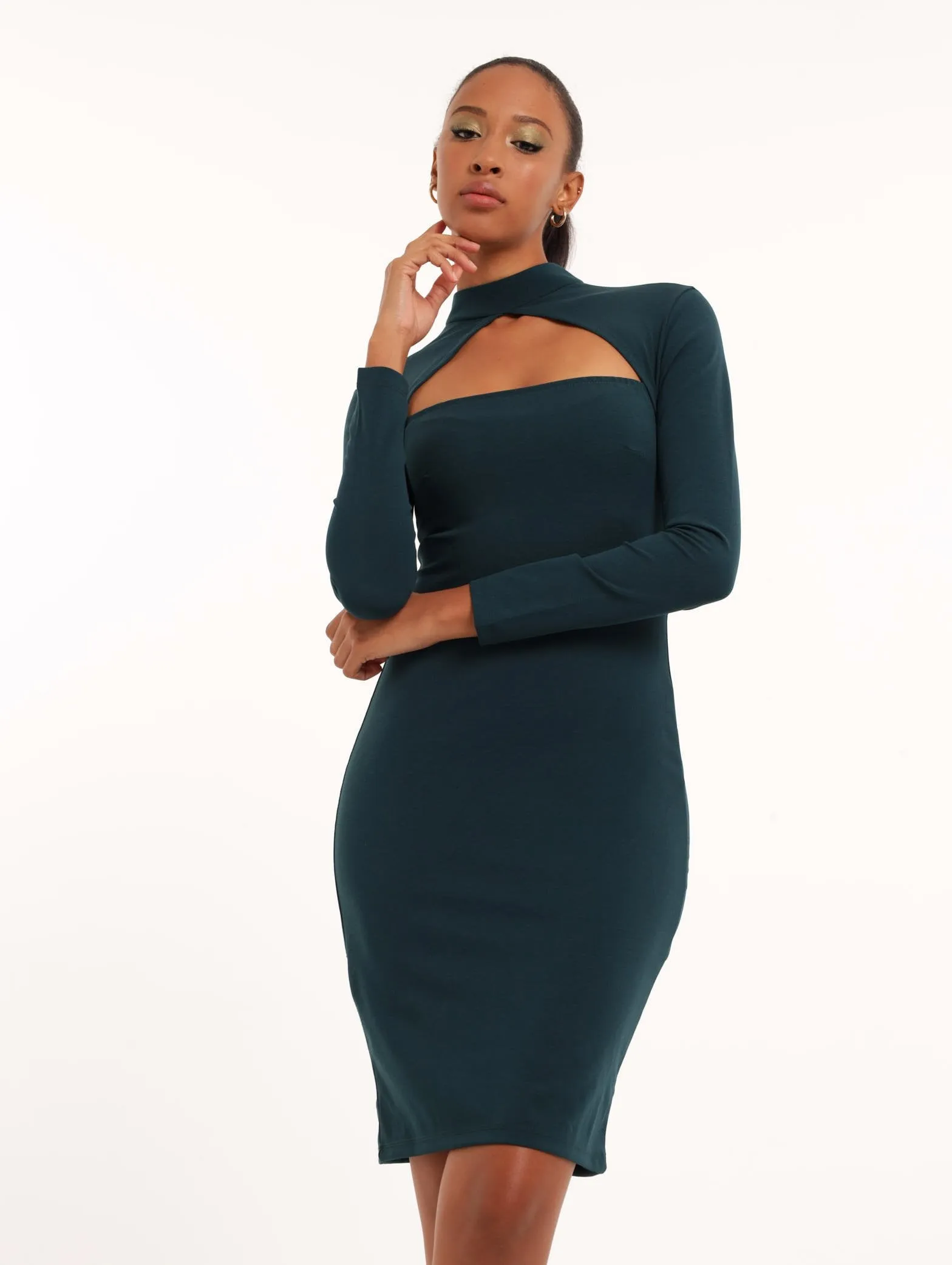 Ladies Turtle Neck Cut Out Detail Bodycon Dress - Teal sold by Edgars