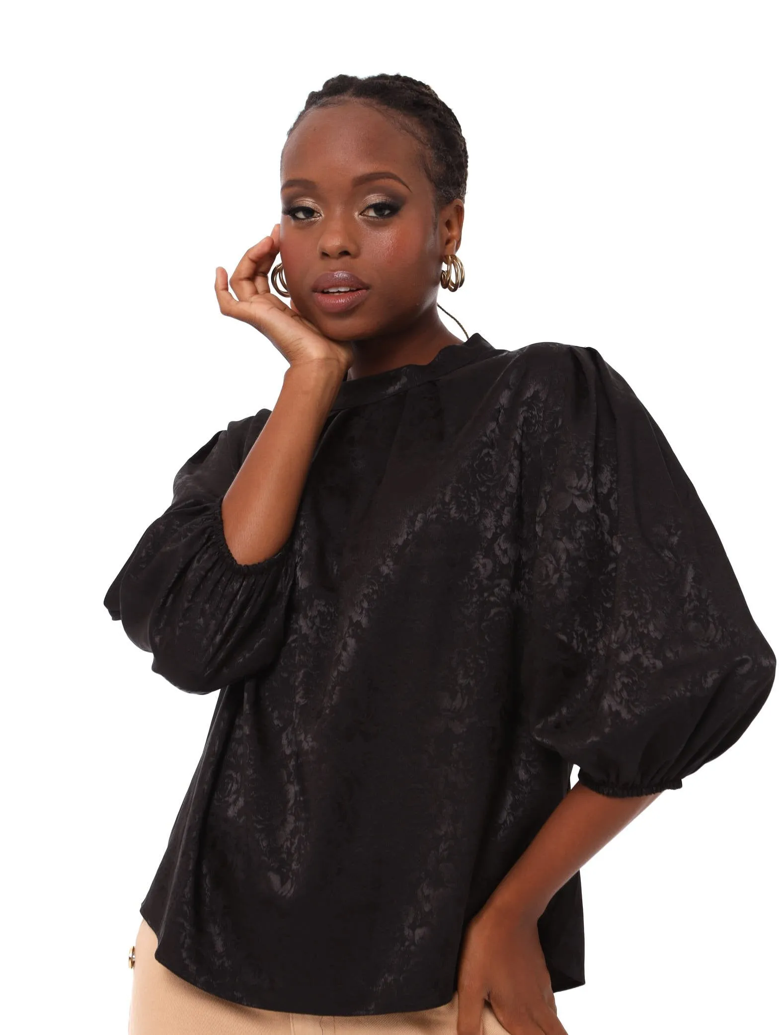 Ladies Satin Jacquard Pleat Blouse - Black sold by Edgars