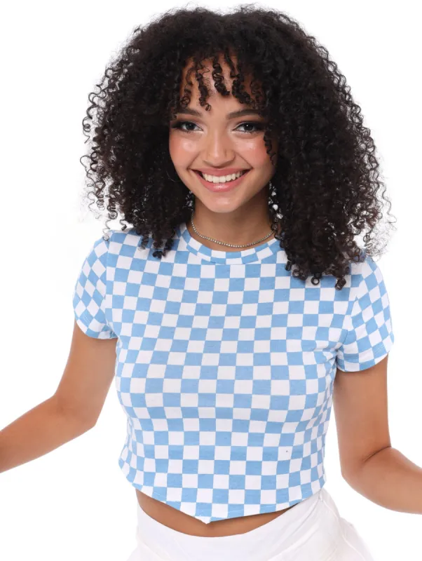 Ladies Checkerboard V Tee - Light Blue made by Edgars