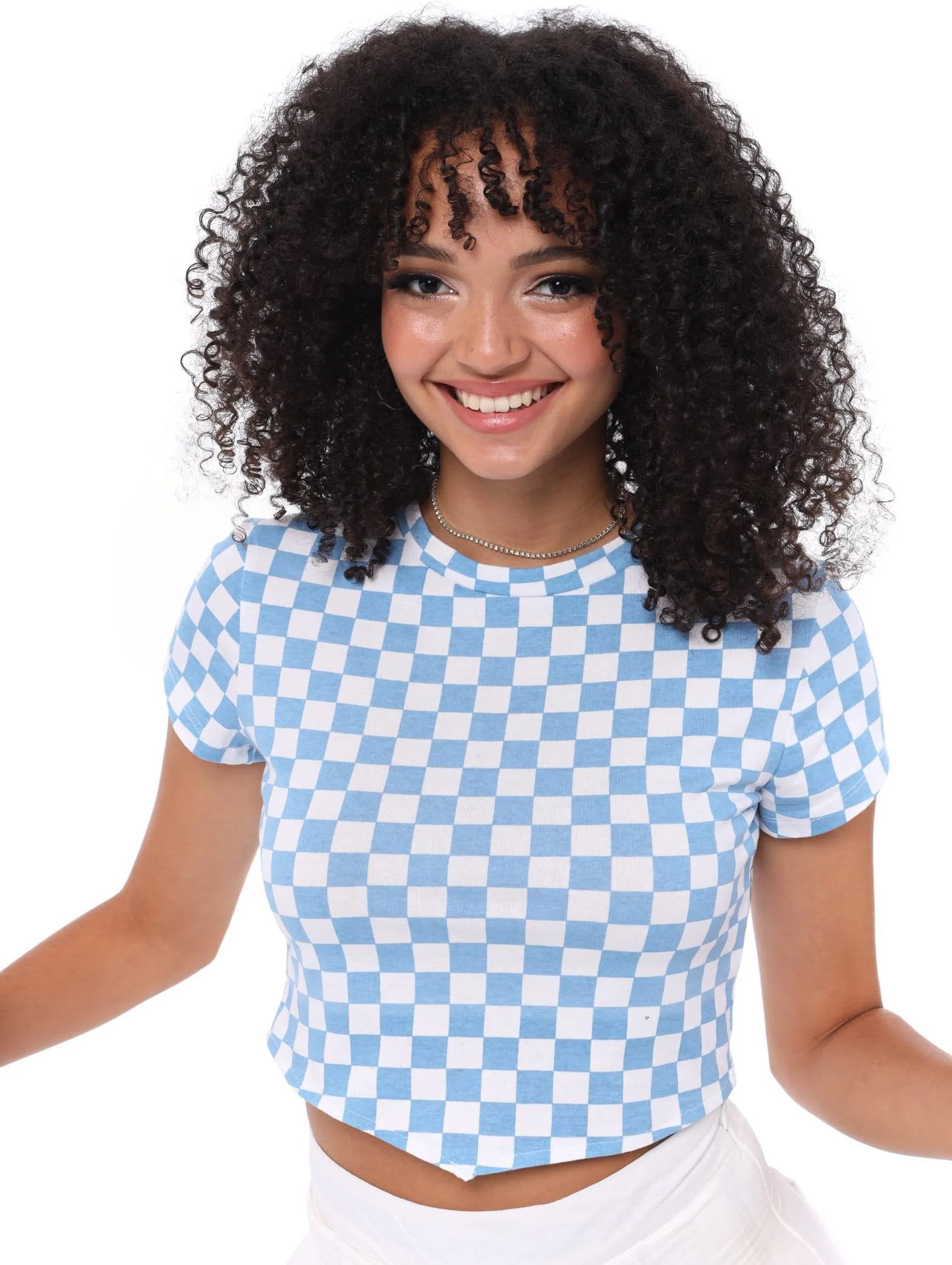 Ladies Checkerboard V Tee - Light Blue sold by Edgars