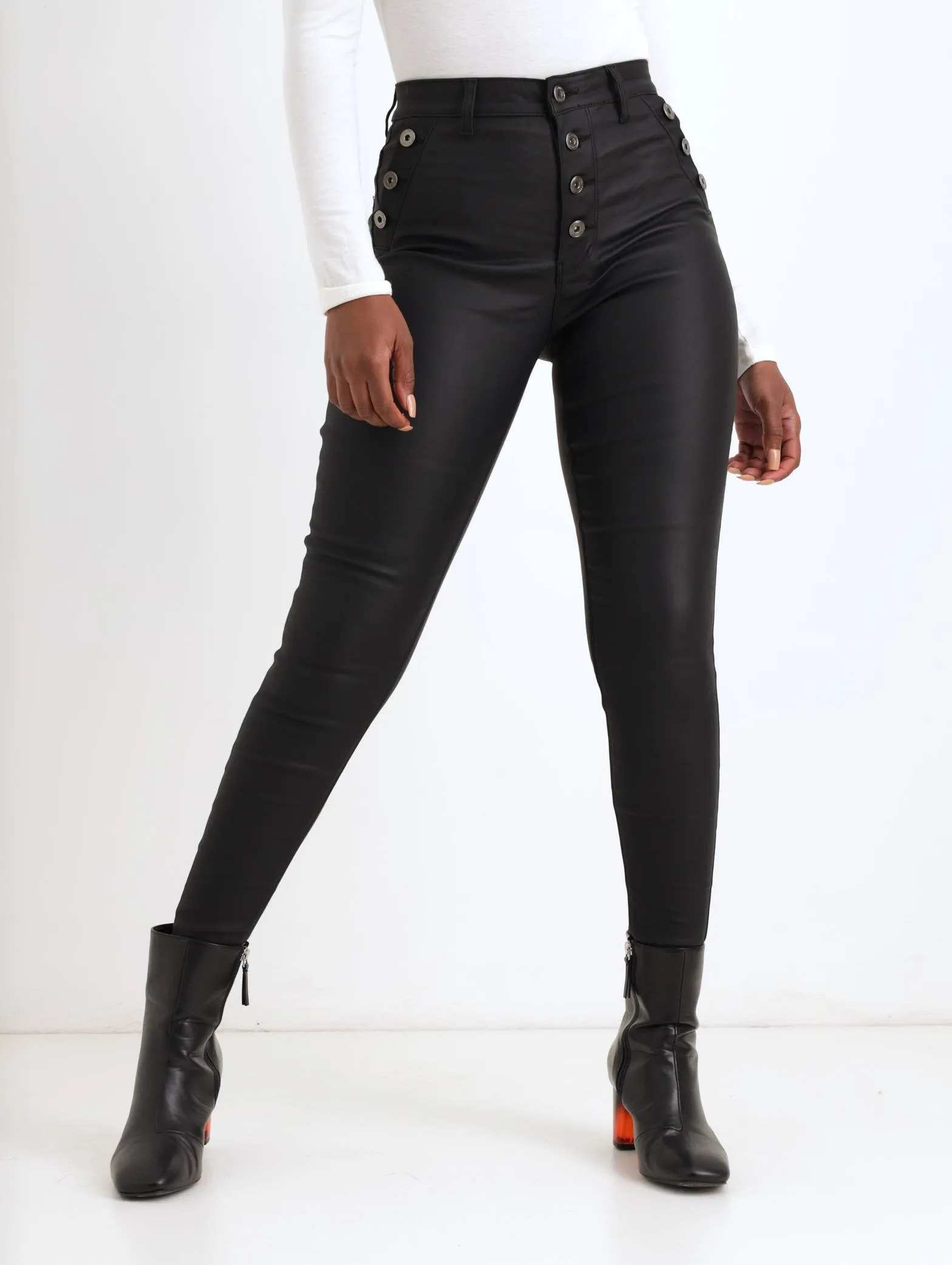 Ladies Button Fly & Pocket PU Skinny Pants - Black sold by Edgars