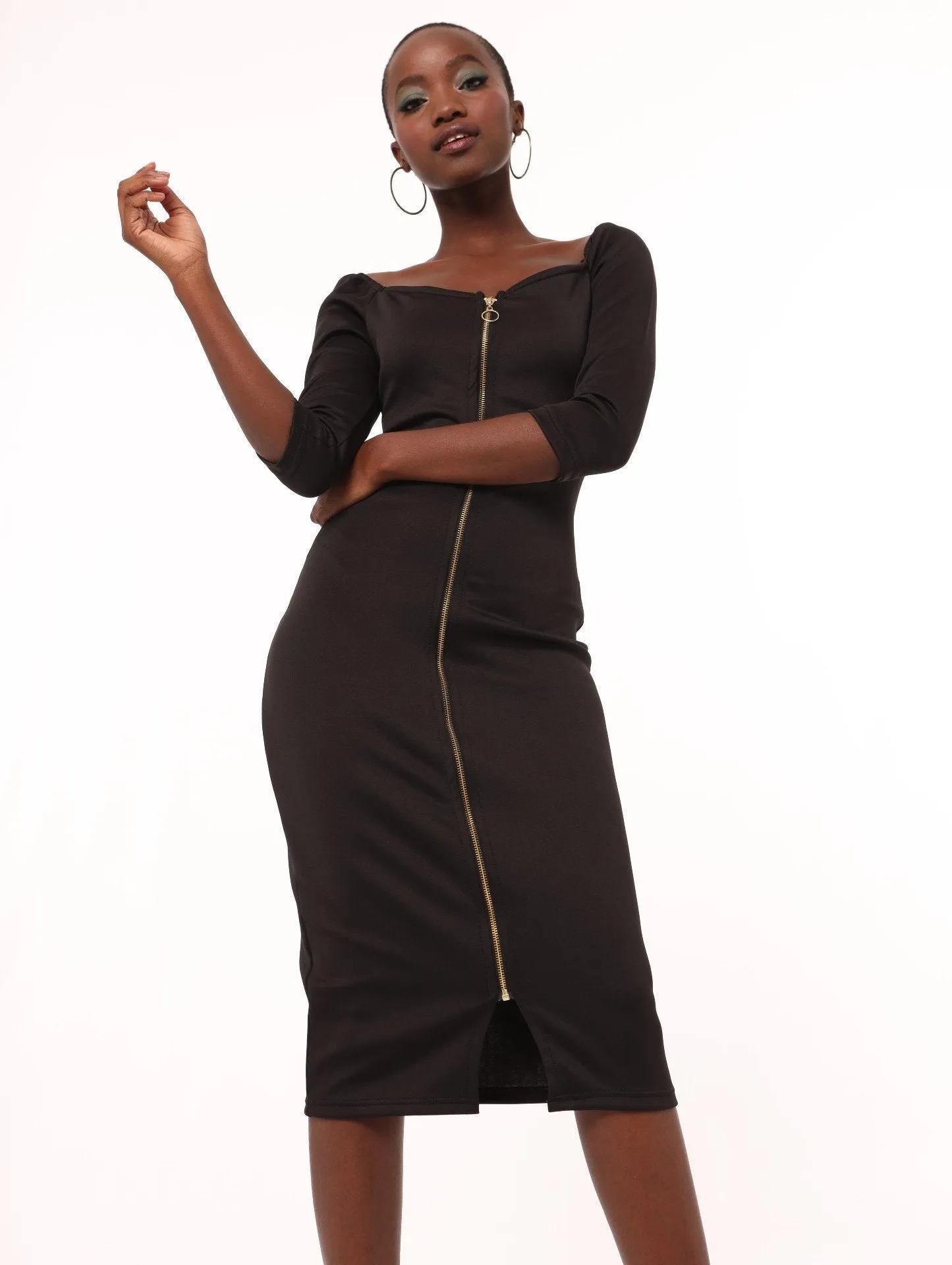 Ladies 3/4 Sleeve Front Zip Bodycon Dress - Black sold by Edgars