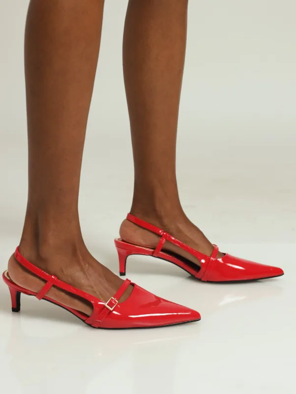 Pointy Buckle Strap Kitten Mule Heel - Red sold by Edgars