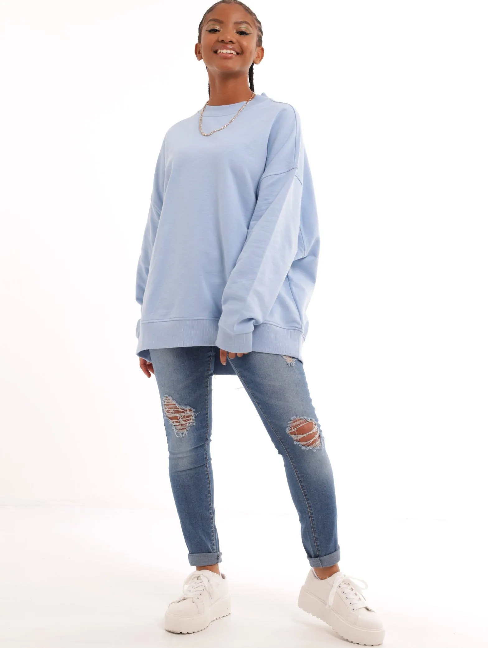 Ladies Plain Oversized Crew Fleece Top - Light Blue sold by Edgars