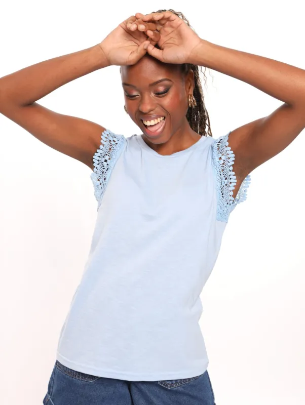 Ladies Armhole Lace Trim Tank - Sky Blue sold by Edgars