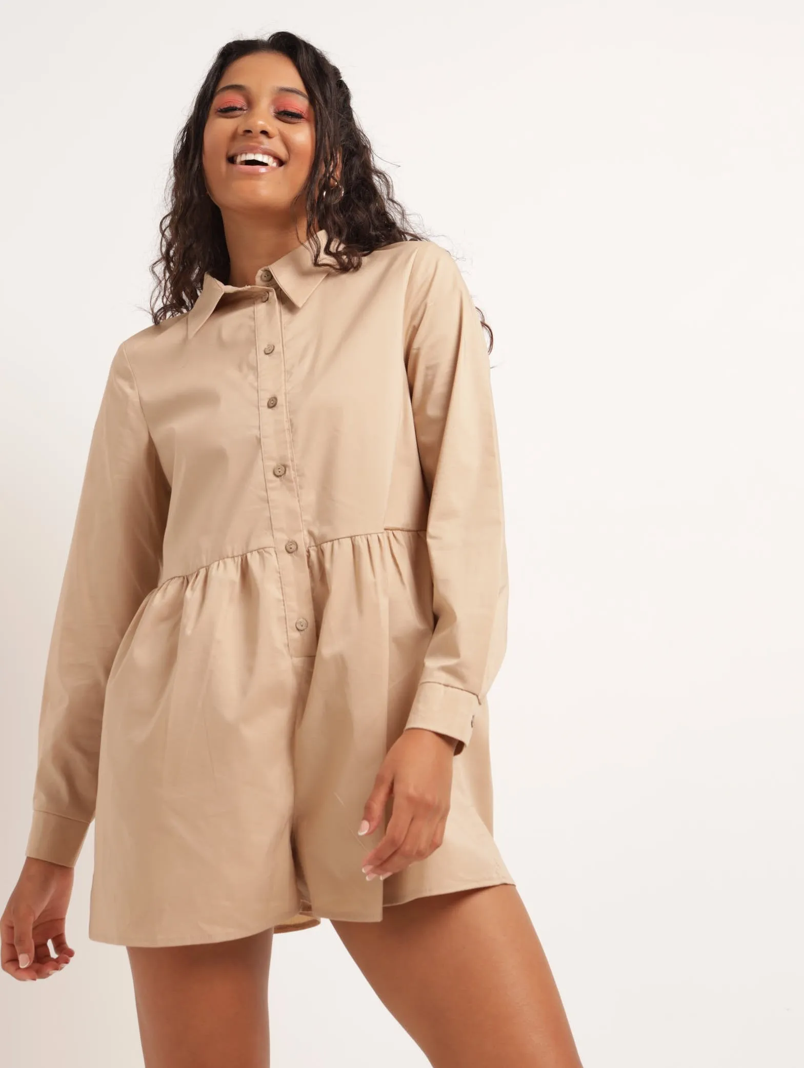 Ladies Long Sleeve Collared Jumpsuit - Stone sold by Edgars