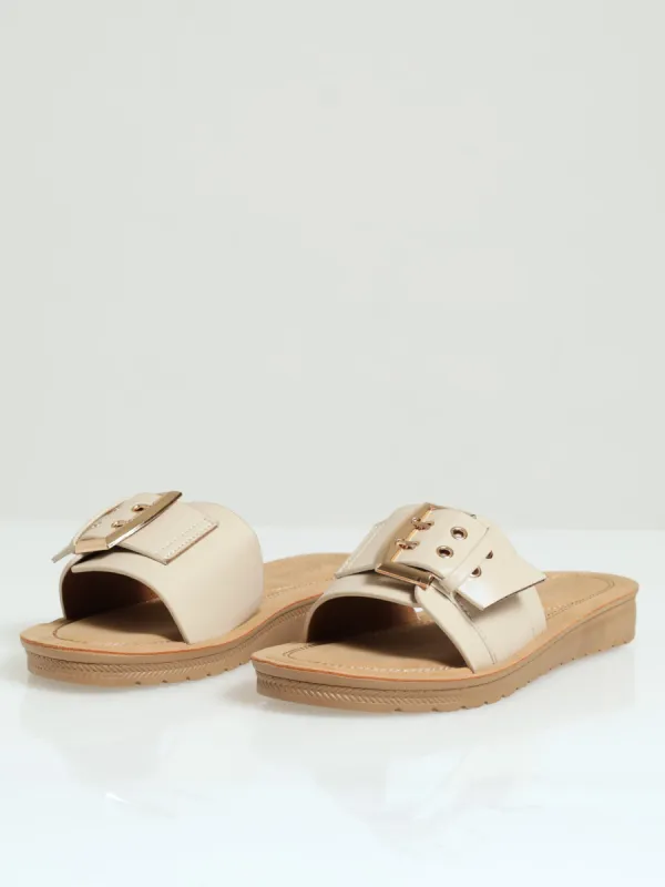Single Banded Mule Sandal With Big Buckle Detail - Natural sold by Edgars 